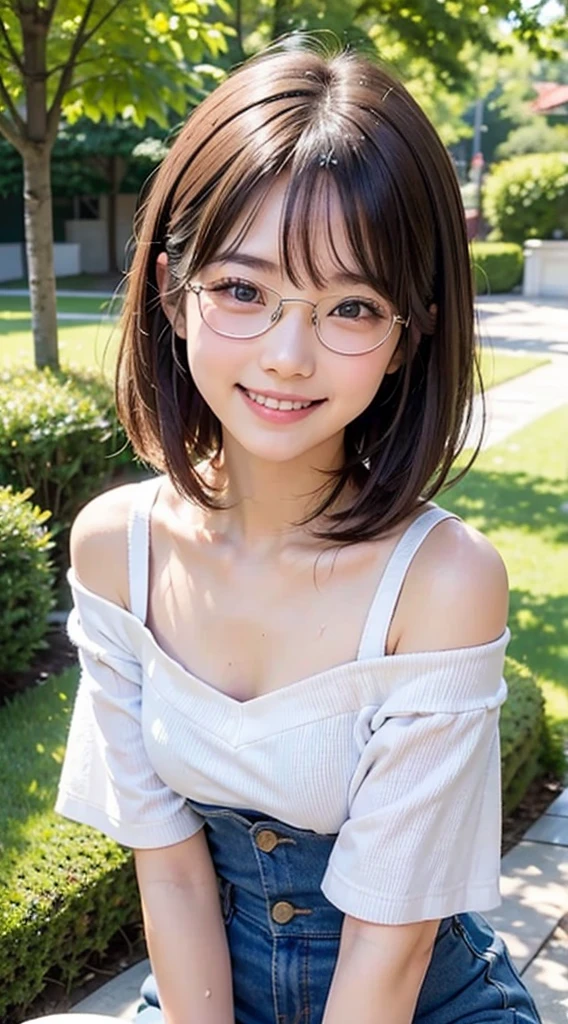 masterpiece, 8K, RAW Photos, of the highest quality, photograph, photo quality, realistic, European girl portrait,alone, sitting on ground, eyes closed, reading glasses, short bangs, (smile:1.2), 20-year-old,Beautiful Face,Upper Body,Hair on one eye, pixie hair, blue hair, summer casual outfit, sunny day, cowboy shot,