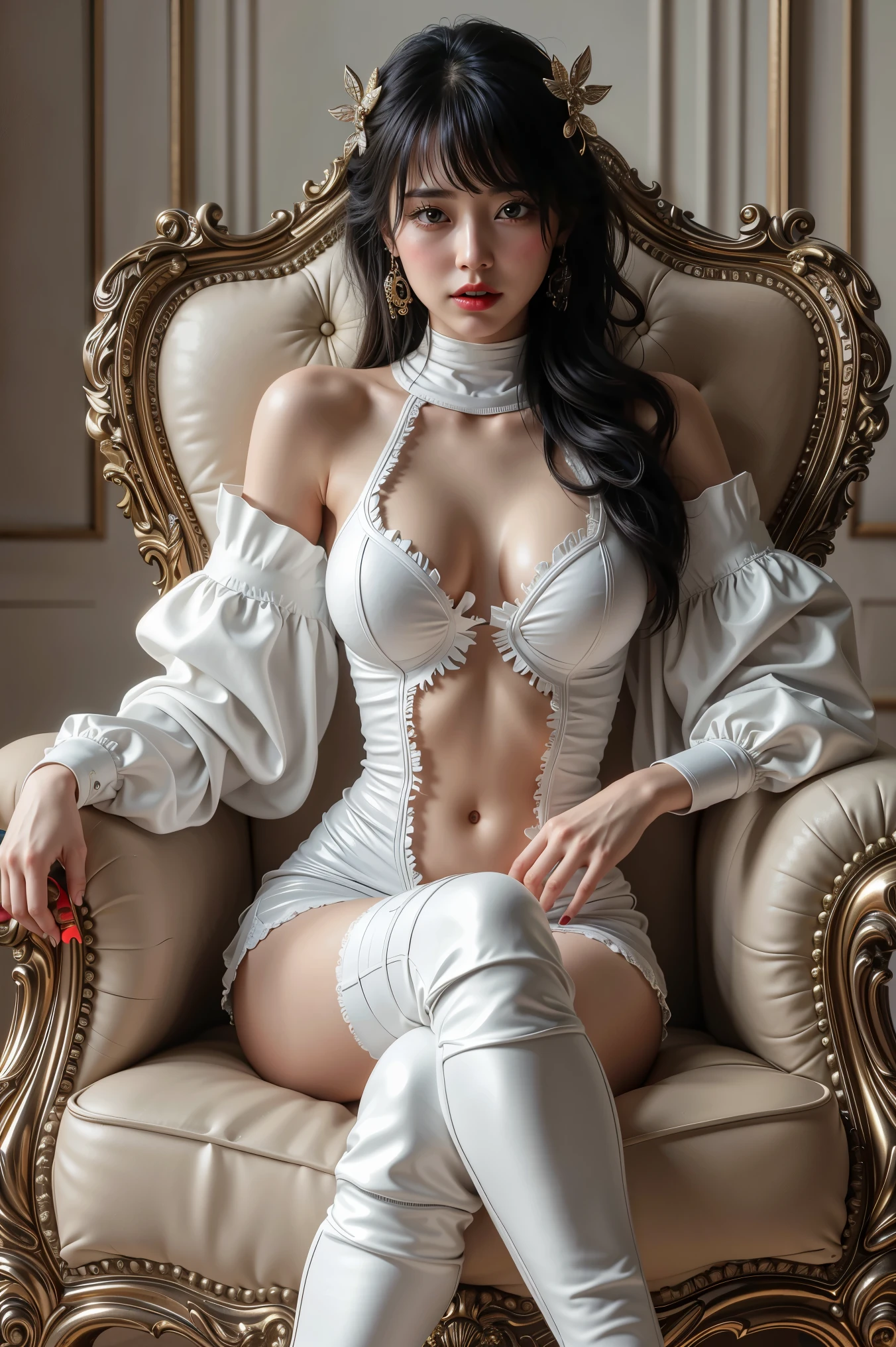 a japanese girl,23years old、front-facing view、the whole body is upright、short chestnut hair、 Looking at the camera、二重まぶた、Shining eyes、A slight smil、sexy lip、perfect buttocks、Intricate details、ultra-detailliert、 soft light rays、Cinematic lighting、shinny skin、realisitic、The perfect female figure、Constricted waist、enchanting posture、sexy pose、extremely delicate and beautiful、Realistic graphics, Best Quality, ((White corset、White underwear、Transparent Panty House、Long White Leather Boots)), small tits 、Complex 3D rendering of ultra-fine and beautiful silhouettes, (((More about cybernetics and bondage fashion))), beautiful studio soft light, Rim Lights,Rembrandt rays、 vibrant detail, hyper realisitc, parfect anatomy, face muscles, ellegance, beatiful backgrounds, rendering by octane, h. r. Giger style, tmasterpiece, Very sophisticated、Beautiful fece, solidarity,(realisticlying,Photorealsitic:1.37),astounding,Up to detail,tmasterpiece,best qualtiy,offcial art,extremely detailed CG Unity , Warm color palette,(top-quality、Canon RAW Photography、8 K、Kodachrome、masterpiece、超A high resolution)