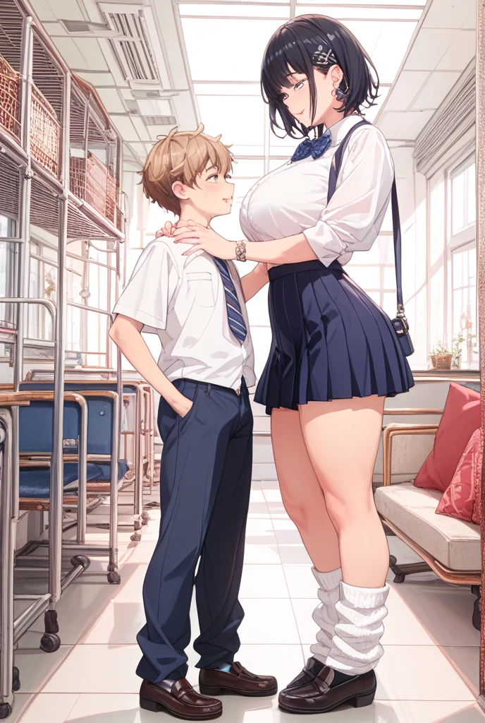 Highest quality, High resolution, masterpiece, (Beautiful Eyes), (Fine grain), Detailed face, One girl, One boy, kumiko oumae, Brown eyes, Brown Hair, short hair, Wavy Hair, smile, blush, skirt, shirt, Long sleeve, , pleated skirt, neckerchief, brown skirt, whiteいセーラーカラー, brown shirt, Kitauji High , red neckerchief, indoor, classroom, Chair, machine, View your viewers, Cowboy Shot, (Panties丸見え:1.5), (Wide pelvis:1.5), (Plump thighs:1.5), (Big Ass), (white_sexy_Panties:1.5), (A boy is hugging a girl's lower body:1.5), (Ahegao Double Peace), nsfw