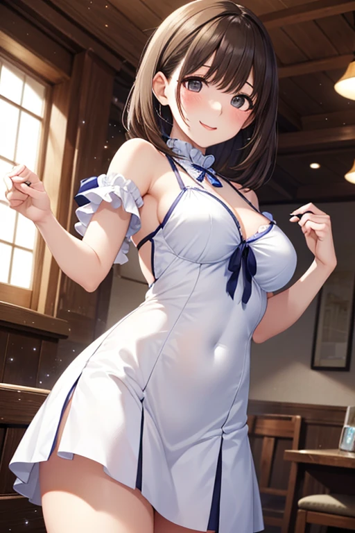 (Beautiful Allafed Woman),(((emphasizing breasts:1.3))),(Dynamic angles),(Dynamic and sexy bending pose:1.3),(sit a chair:1.3),(Short hair in shiny silver and orange inner colors,large full breasts,Disturbance of clothing due to movement,breast slip,(Ponytail twisted buns adorned with elaborate braids and beads,Braided Setup Fishbone Hair),(see-through bangs),Huge breasts、(((A white lace apron that shows your bare skin from under your big breasts.....)))、Blush with embarrassment、Enraptured eyes、A smile that beguiles the viewer、(Look back:1.7)、Look into the photographer,skin glistening with sweat,gazing at viewer,(Professional Lighting),(in 8K,masutepiece,top-quality,Ultra-high resolution output image,),(Ultra HD with complex detail image modes),depth of fields,Beautiful hands,Beautiful fingers,Detailed finger features,(Detailed hair features:1.7),detailed facial features,detailed clothes features,