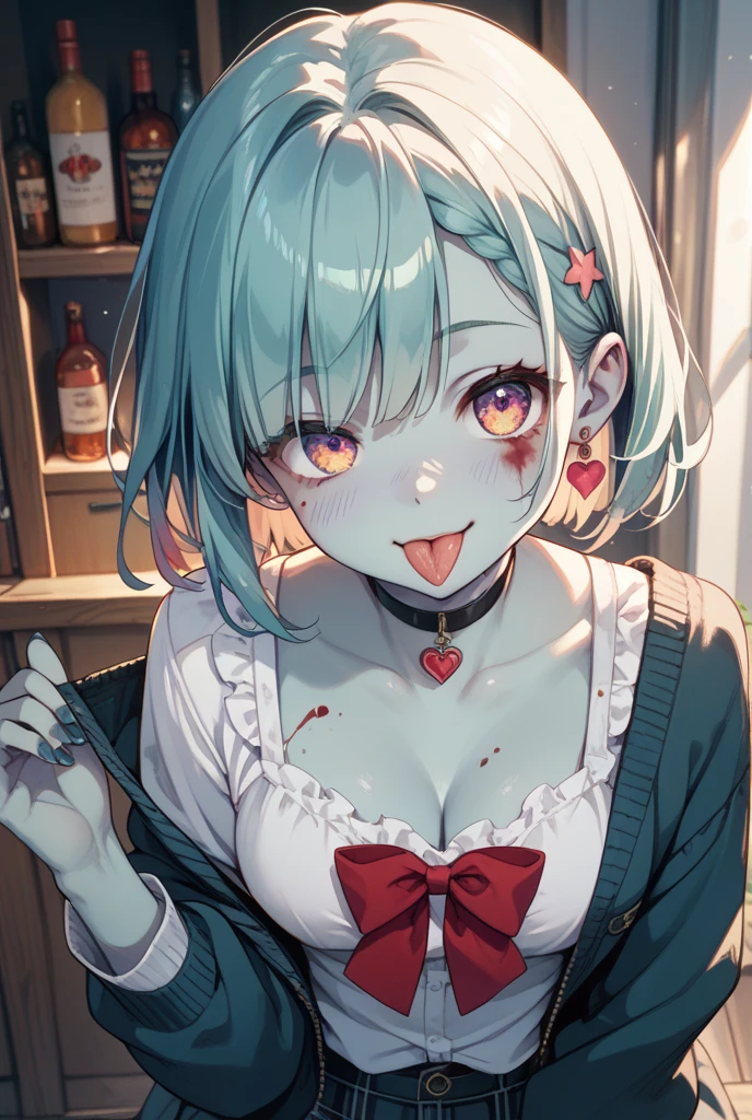 masutepiece, Best Quality,  1girl in,komeiji koishi, hat,hat bow,Green hair,Green eyes(Heart shaped pupils) ,symbol-shaped pupils, eyeballs、Bedroom background,fullnude、Face during estrus、Courtship attitude、A slender、It is dripping with the mouth open and the tongue sticking out、a closeup、Smiling、Courtship action、Close distance、Beautiful breasts、photos realistic