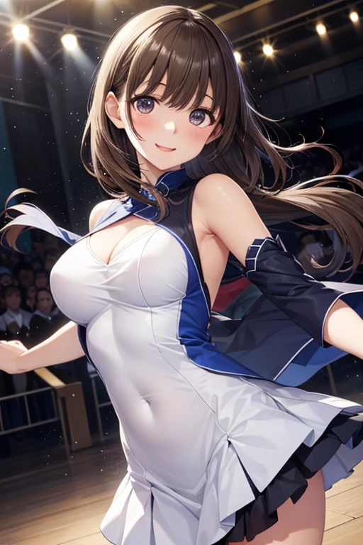 top-quality、Full limbs、complete fingers、one beautiful women、Beautiful busty woman、Women with straight hair、Brown-haired woman、Figure skater、Figure skating leotard with light blue ruffled skirt、cool patterned leotard、(White pantyhose)、skating rink、skating arena、In the competition、A big smile