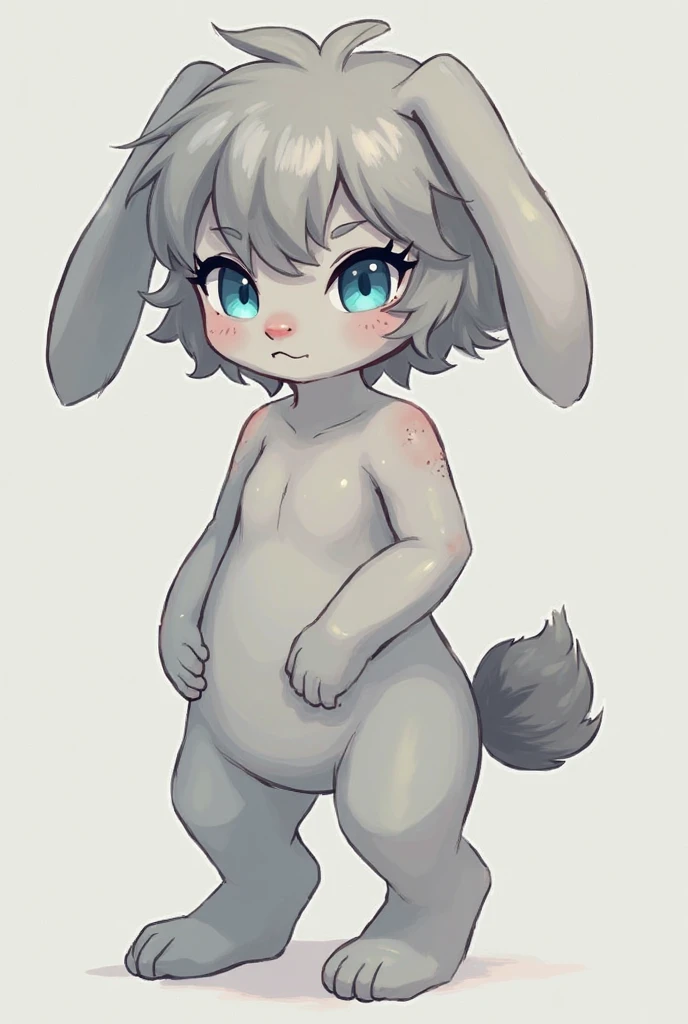 1 girl with short gray hair, black eyes, slender body, medium breast, gray natural mouse ears, natural mouse tail, blush, embarrassed, nude, (((chibi style)))), simple background, cover genitals