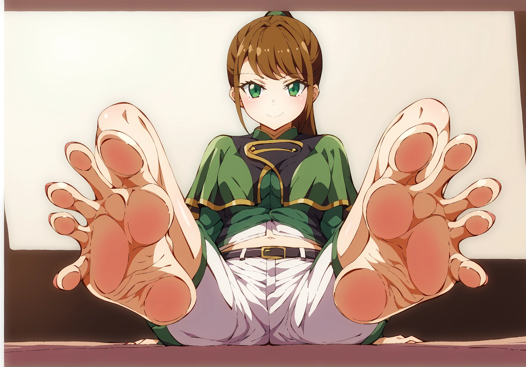 feetを上げて地面に座っている, ハイ sole , feetの下からのミッドビュー, Highly detailed woman sits on the ground with her legs raised、feetを上げて地面に座っている, feetのポーズ, Asian、hyperdetail, 詳細なfeetハメ撮り, belly low angle, beautiful face with arms and legs in a mysterious coffee shop, Low visibility, (softwares) collection station, Professional footshot, Hayami Sena , green eyes, brown hair, Black Belt, green capelets, green jacket, white shorts, long sleeve, ponytail, feet, sole , 裸feet, Sitting on the ground with M-shaped legs open