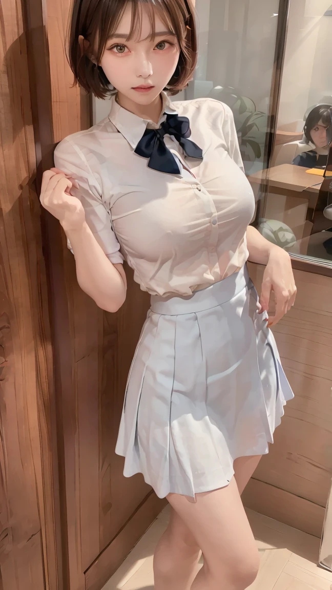 (masterpiece, Highest quality:1.2), full body shot, Bow tie, dress shirt, pleated skirt, Japanese Student Model, One girl, middle hair, alone, ((arms behind back)), Locked in the dungeons of the castle