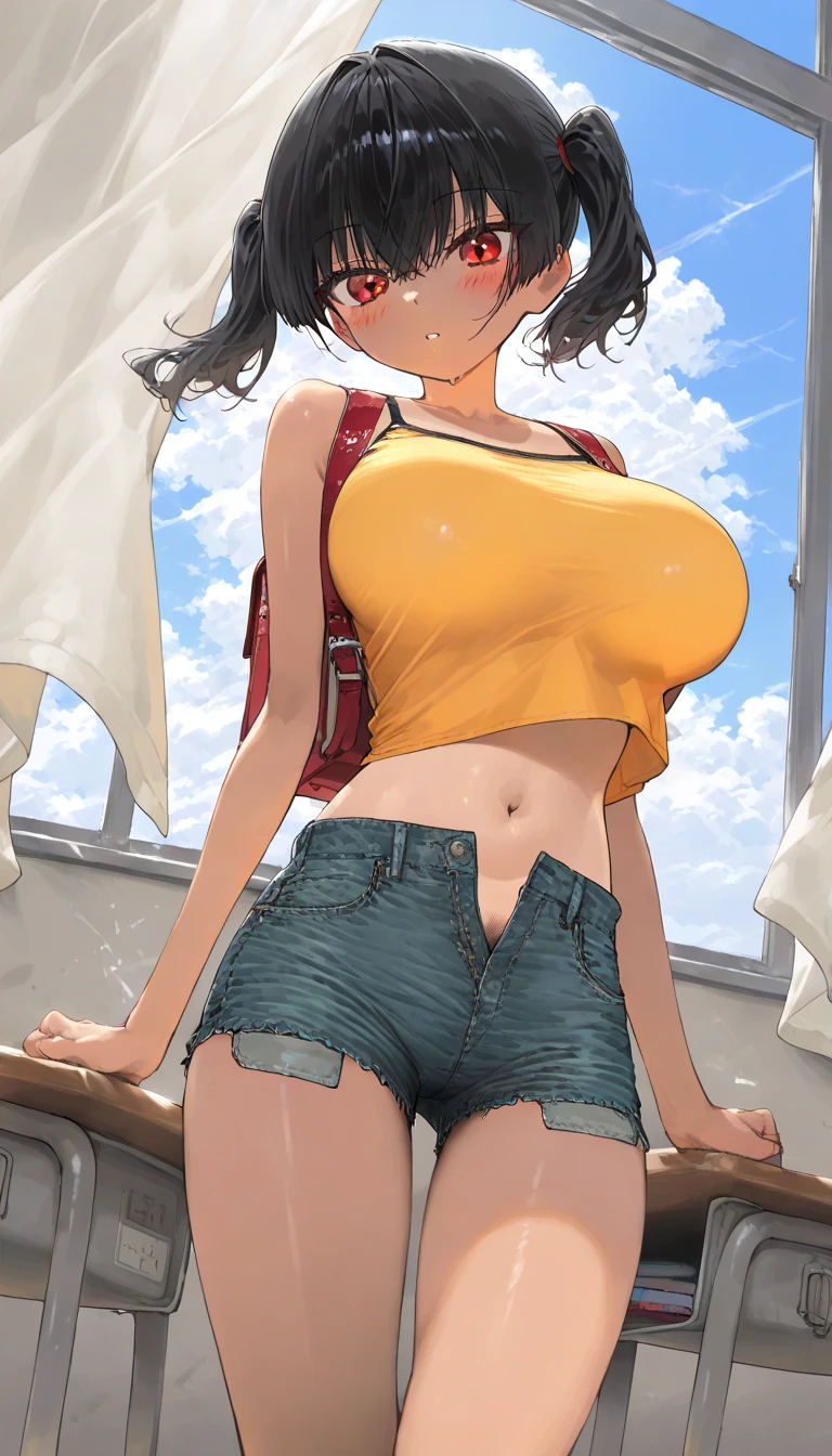 (beautiful girl : 1.3),1 girl,(kanna, black_hair, short_twintails, red_eyes, large_breasts),(yellow_crop_top, denim_shorts,red backpack, pubic hair),Stunning,Blush,Receive love letters,school,classroom,Curtains Swaying in the Wind,Blue Sky,cloud,Sunshine,masterpiece,top quality,rich contrast,High Definition,8k,High definition CG unit wallpaper,Textures,unbelievably absurd,RAW pictures,Deep Border 1 .2,very detailed