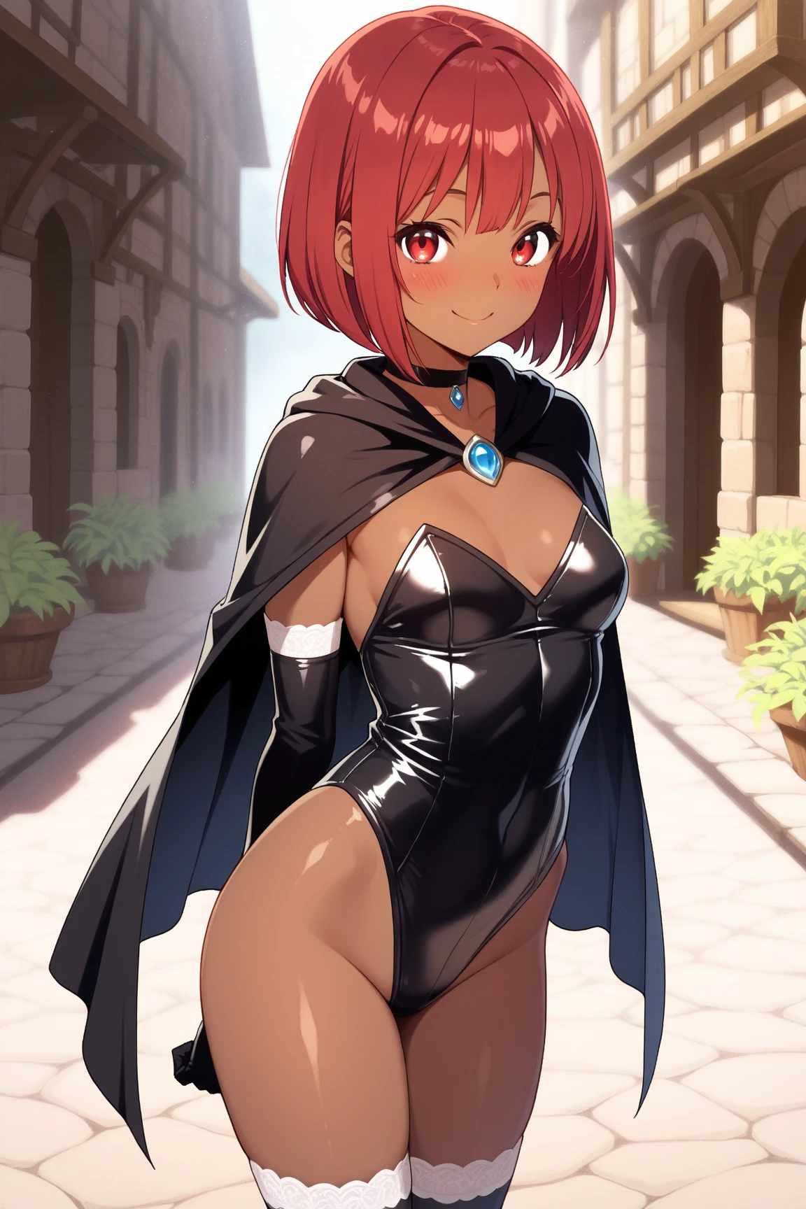 girl,arms under breasts,black cape,black dress,blue eyes,blurry,breasts,cape,closed mouth,colored inner hair,covered navel,cowboy shot,depth of field,dress,earrings,gloves,indoors,jewelry,light blush,looking at viewer,medium breasts,military uniform,multicolored hair,pink hair,purple cape,short hair,skin tight,smile,solo,two-tone cape,uniform,white gloves,silver hair
