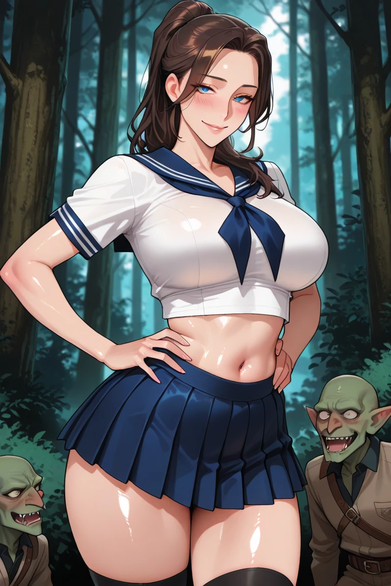 (masterpiece), mature school girl, (sheer uniform,under boob:1.2),sexy,(skinny beauty:1.4) , posterior, floral lace undies, natural light, photorealistic, cameltoe, diffused light, depth of field, white skirt, steam, (lift skirt), (urination), lifelike,(gravure pose: 1.2),sunset,goblin gangbang,