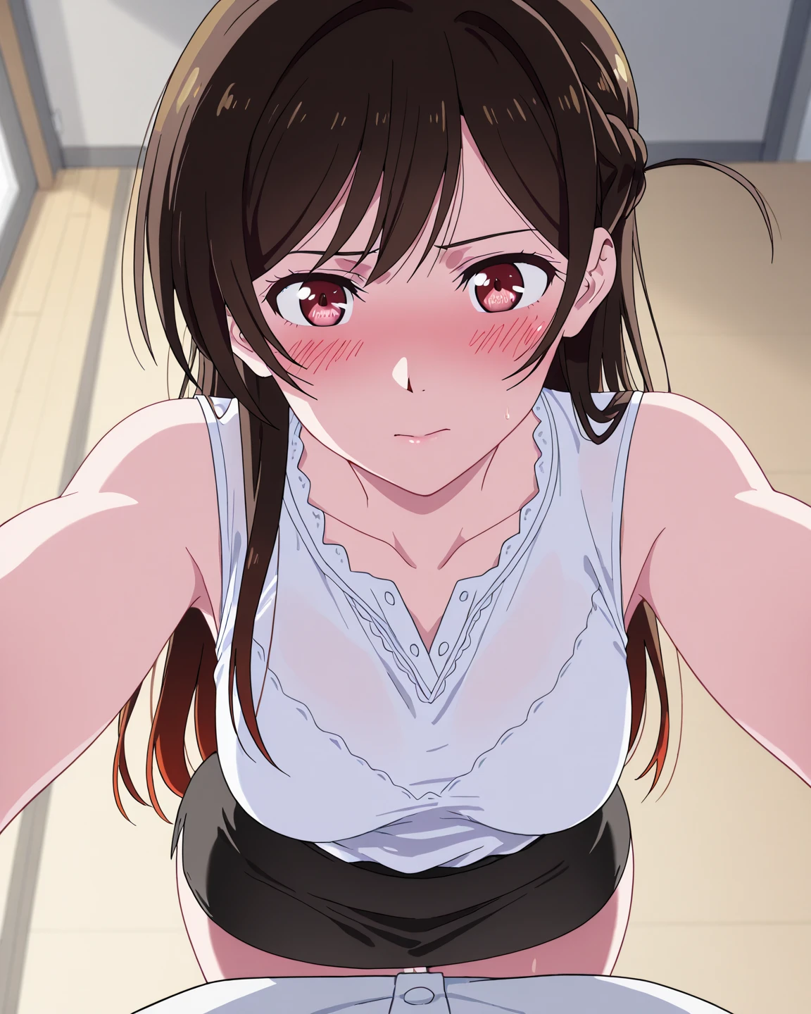1girl, matured female, sitting on bed,sitting , shy, blushing, big breasts, perfect eyes shape, beautiful eyes, beautiful face, high details , looking at viewer, , high quality, illustration, perfect anatomy, skilled artist, fully detailed background, ((masterpiece)),,(masterpiece, 8k, best quality), photorealistic, cinematic,brown hair,pink negligee,pink negligee only,sleepwear,(((cowboy shot))),after sex,shy expression,transparent clothes,exposed body,,pointy pupils ,no bra,hard pupils