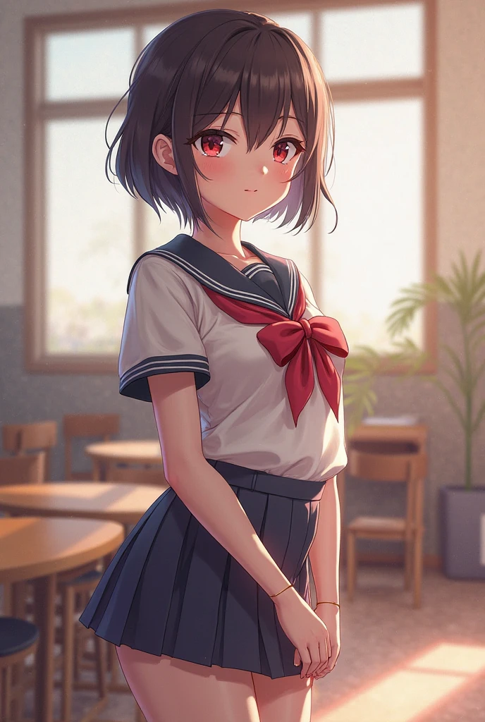 shrine,smile,Are standing,Place your hands behind your back,close your eyes,high school girl,short hair,boyish,Black Hair,blush,summer制服,mini skirt,White skin,summer,shy,Cowboy Shot,View your viewers,Sweaty,Wet,smile,