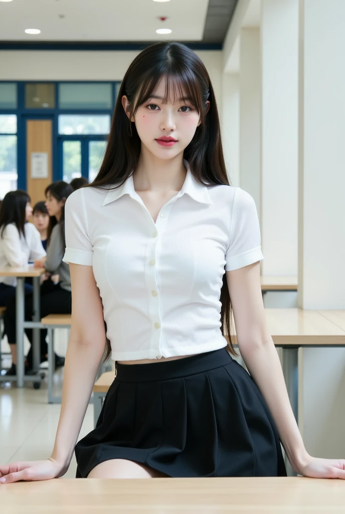 (1 lady), (Best quality at best:1.4), (ultra - detailed), (extremely detailed CG unified 16k), A Beautiful Woman with Perfect Figure: 1.4, Sharp Focus: 1.2, very detailed, High-definition RAW color photo, professional photoshooting, amazing face and eyes, cosmetics, (amazingly beautiful girl), ((Sonozaki Shion)), ((yellow ribbon, white shirt, blue necktie, blue skirt, black kneehighs)), standing, sexyposture,(Stylish urban landscape, day light), (look from down), realistic cinematic face, head to feet long wide zoomed out view, full body long view, photorealistic, ((realistic natural green hair style, green eyes, long hair)), gorgeous, extremely beautiful face, perfect model beauty, pout mouth, Highly Detailed Face and Skin Texture, Detailed Eyes, Double Eyelids, Big Breasts, Smile, cleavages, western, (masterpiece), best quality, high resolution, extremely detailed, detailed background, depth of field, cinematic lighting, amazing legs, clear and well-cared skin, (((woman occupies most of the picture)))