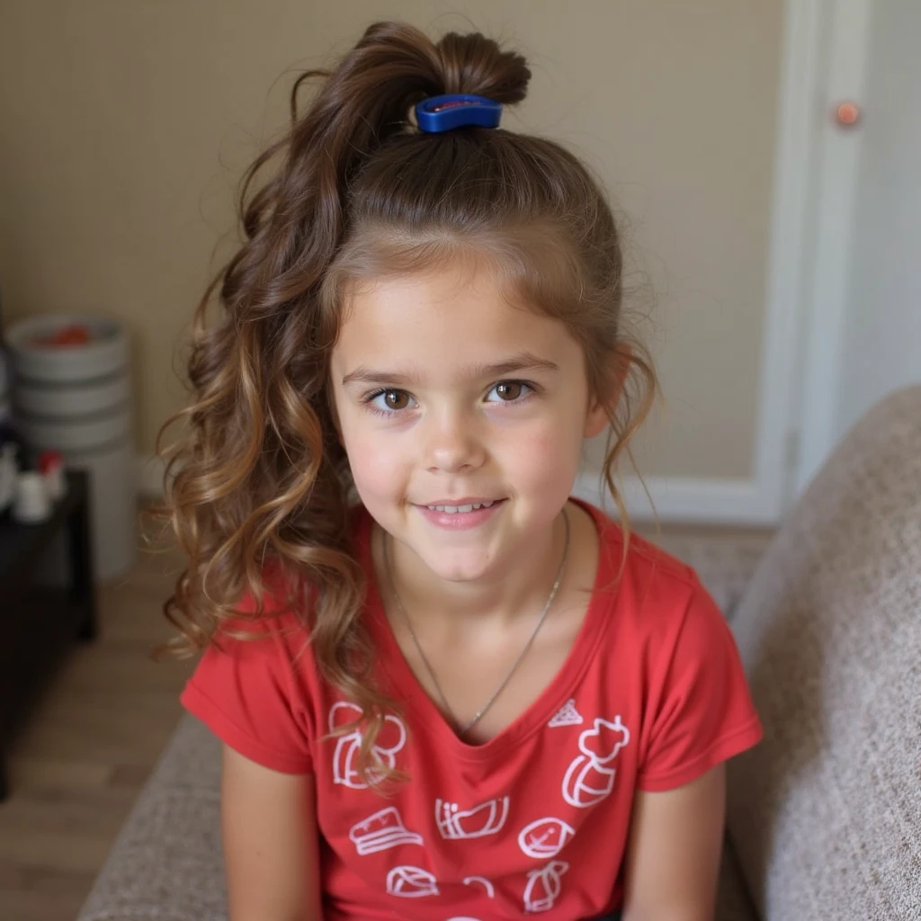 A girl scout with medium length brown hair, children's pigtails hair, Caucasian facial structure, a beautiful smile on her face and a deep look, she is wearing a green dress, breast slip, she in a apartment,