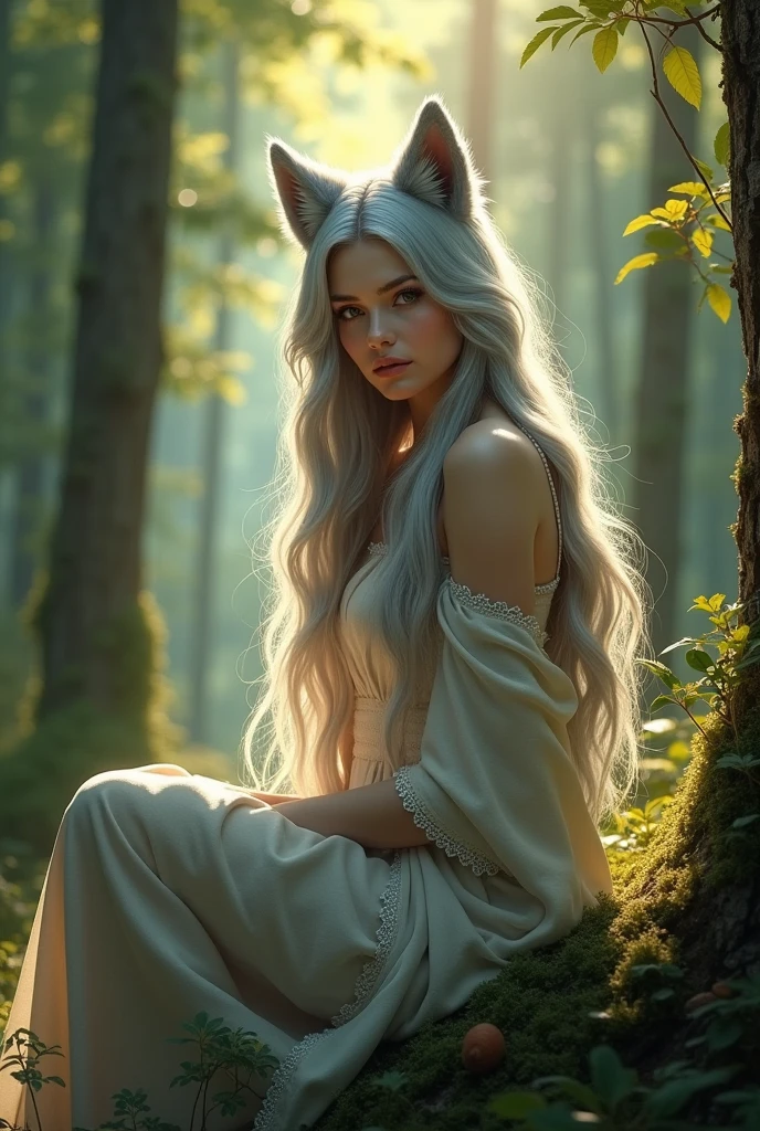 Realistic portrait of a dressed up animal - beautiful anthropomorphic long-haired white cat, Humanoid cats、White long hair、青いMelancholyな瞳、Long white hair fluttering down her back、Sitting by the lake at night in a mysterious forest wearing a white chiffon long dress、A cat&#39;s reflection on the lake surface、The fantastic light of fireflies flying over the water、Highly detailed decorations,, (Melancholy),Golden Hour、Backlight、Dramatic Light(Full body image:1.5)
