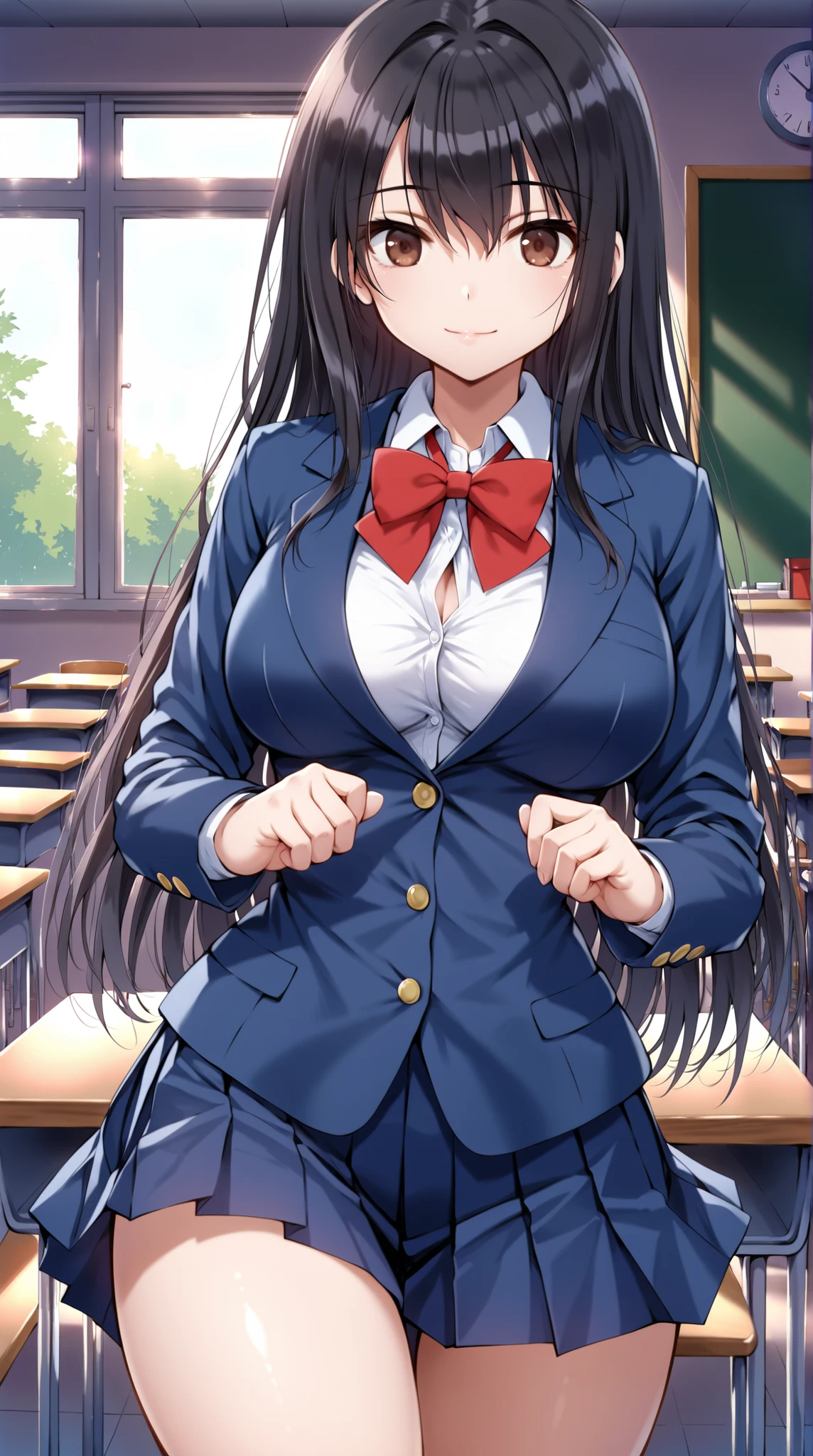 1girl, ((school uniform)), mature female, tall female, dark blue hair, black hair, long hair, wavy mouth, blue eyes, shy, timid, huge breasts, thick thighs, pantyhose, arms behind back, white skirt, skirt, red necktie, necktie, black jacket, jacket, pleated skirt, red glasses, glasses, ((black jacket)), ((white skirt)), ((red glasses))