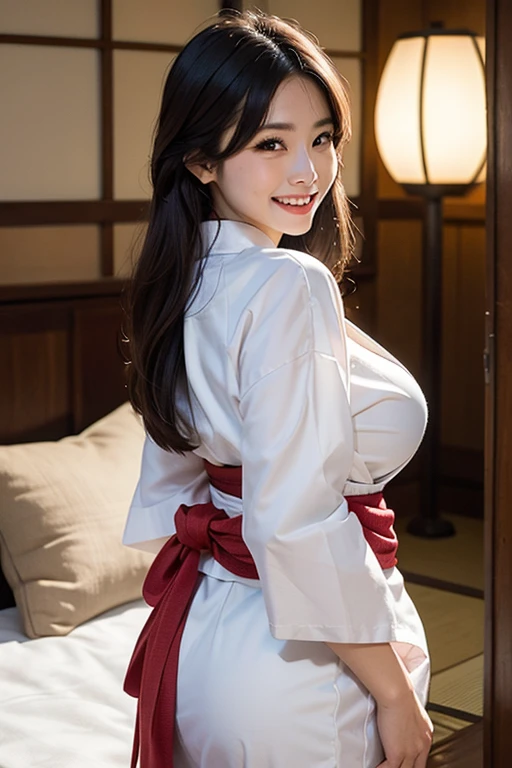 (Highest quality、In 8K、Masseter muscle area、Delicate illustrations)、Beautiful Japanese Shrine Maiden(A kind smile)、(Smart Body 1.1)、((White kimono and red hakama)1.1)、Japanese shrines are crowded with people during the New Year.々Bustling with、Full body shot to the toes、Slightly large but firm round breasts、