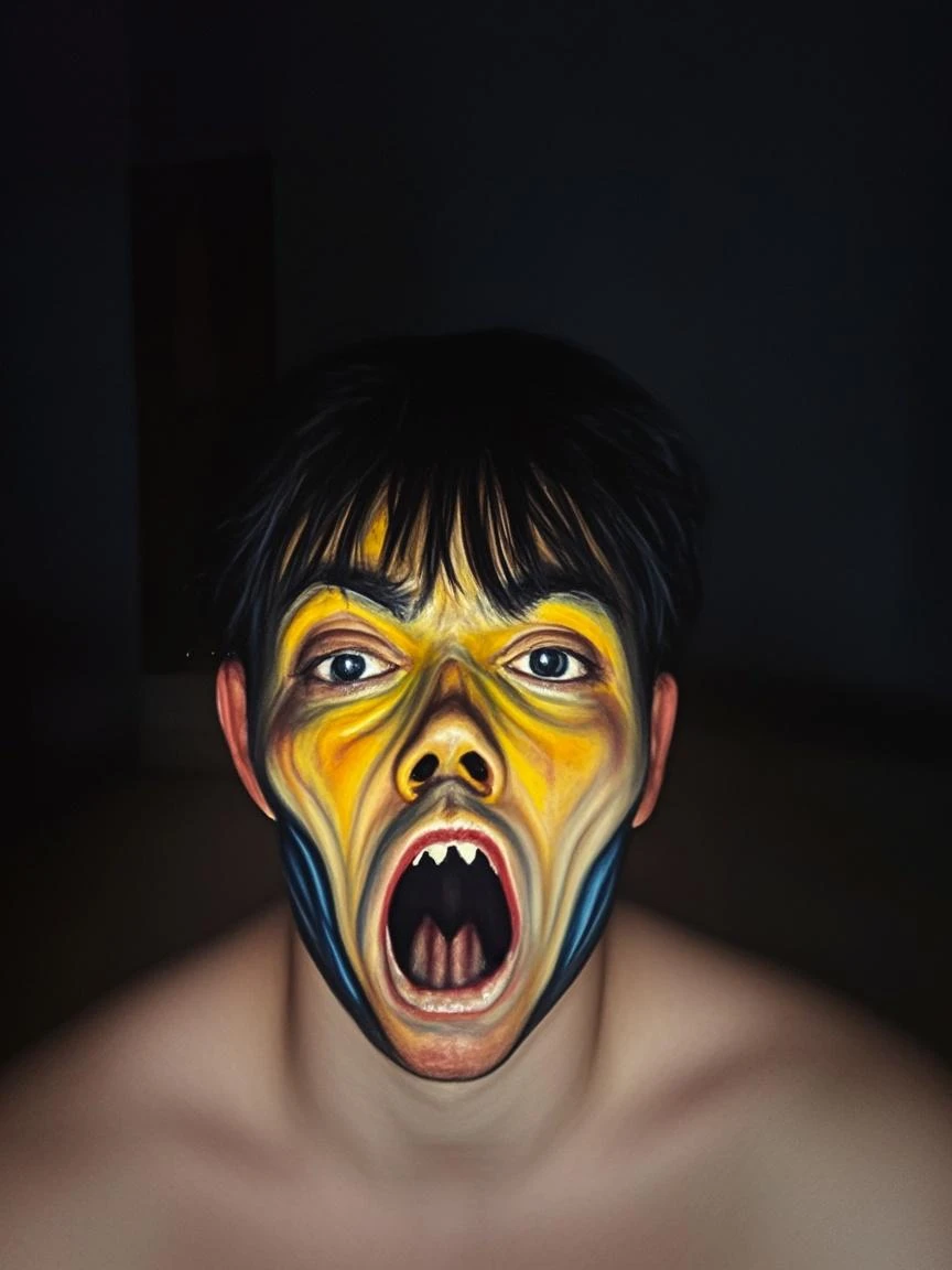 a painting by mse, highly detailed brushstrokes, a creepy painting of a little husk, child wearing a bloody mask, (creepy mask, mask covering eyes:1.2) <lora:rzMacabre21_21V10:0.8>, closeup portriat
