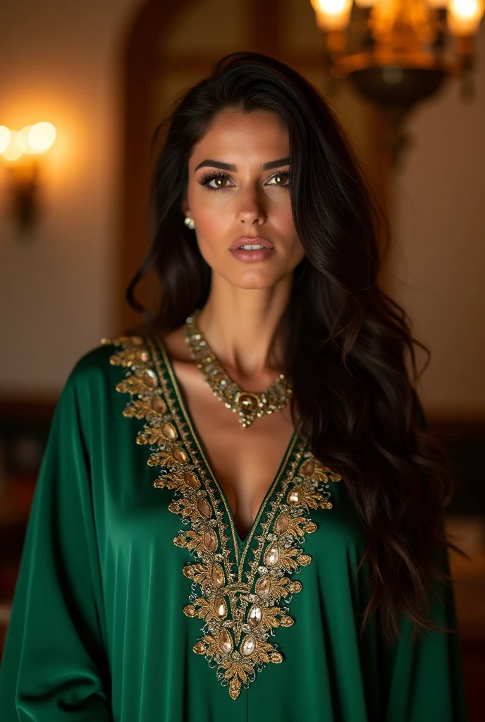 Generate a highly detailed, realistic AI model of a beautiful Moroccan girl. She stands at 5'6" with a slender yet graceful build. Her skin is a warm, golden olive tone with a natural glow. She has long, thick, wavy hair that cascades down to her mid-back, in a deep, rich black color with subtle hints of dark brown. Her almond-shaped eyes are a striking shade of amber-brown, framed by long, dark lashes and well-defined eyebrows that arch gracefully.

Her facial features are soft yet defined, with high cheekbones, a straight, narrow nose, and full lips that curve into a natural, gentle smile. She wears a luxurious emerald green caftan made of silk, adorned with intricate gold and silver embroidery, reflecting traditional Moroccan craftsmanship. A delicate, sheer scarf is draped loosely over her shoulders, adding an element of mystery. She accessorizes with ornate, gold earrings and a matching bracelet featuring traditional Moroccan designs.

Capture her confident and humble personality through a warm, inviting expression that reflects her intelligence and empathy. Ensure the details in her clothing, especially the embroidery and fabric textures, are rendered in high resolution. Use a soft lighting setup with global illumination to enhance the realism of her skin tone and the texture of her hair and fabrics. The model should be in a portrait orientation with a 1024x1792 aspect ratio to showcase her full body and attire