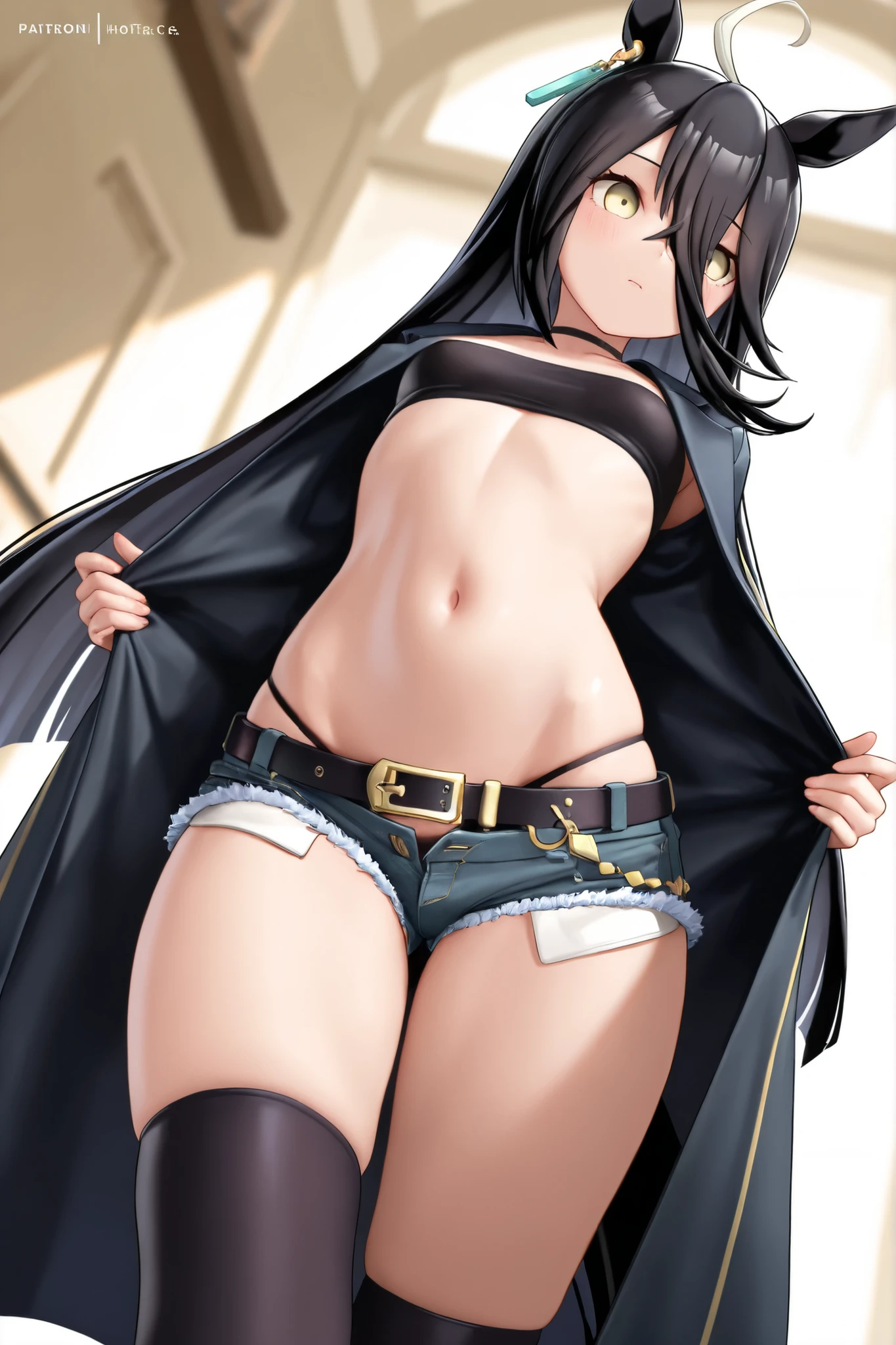 fuuma_tokiko,medium breasts,black hair,long hair,ponytail,green eyes,cleavage,(sailor moon lingerie: 1.1),(no bra:1.1),(sweat gleaming skin:1.1), outdoors,sunlight, spotlight effect,bright sky, blue sky with clouds,strong wind, (old castle),(highres, high quality:1.1), intricate details, cinematic lighting, 1girl,(red blush,embarrassed),dynamic fighting pose,,dynamic angle,from below,cameltoe,show off panties,erected nipples,navel