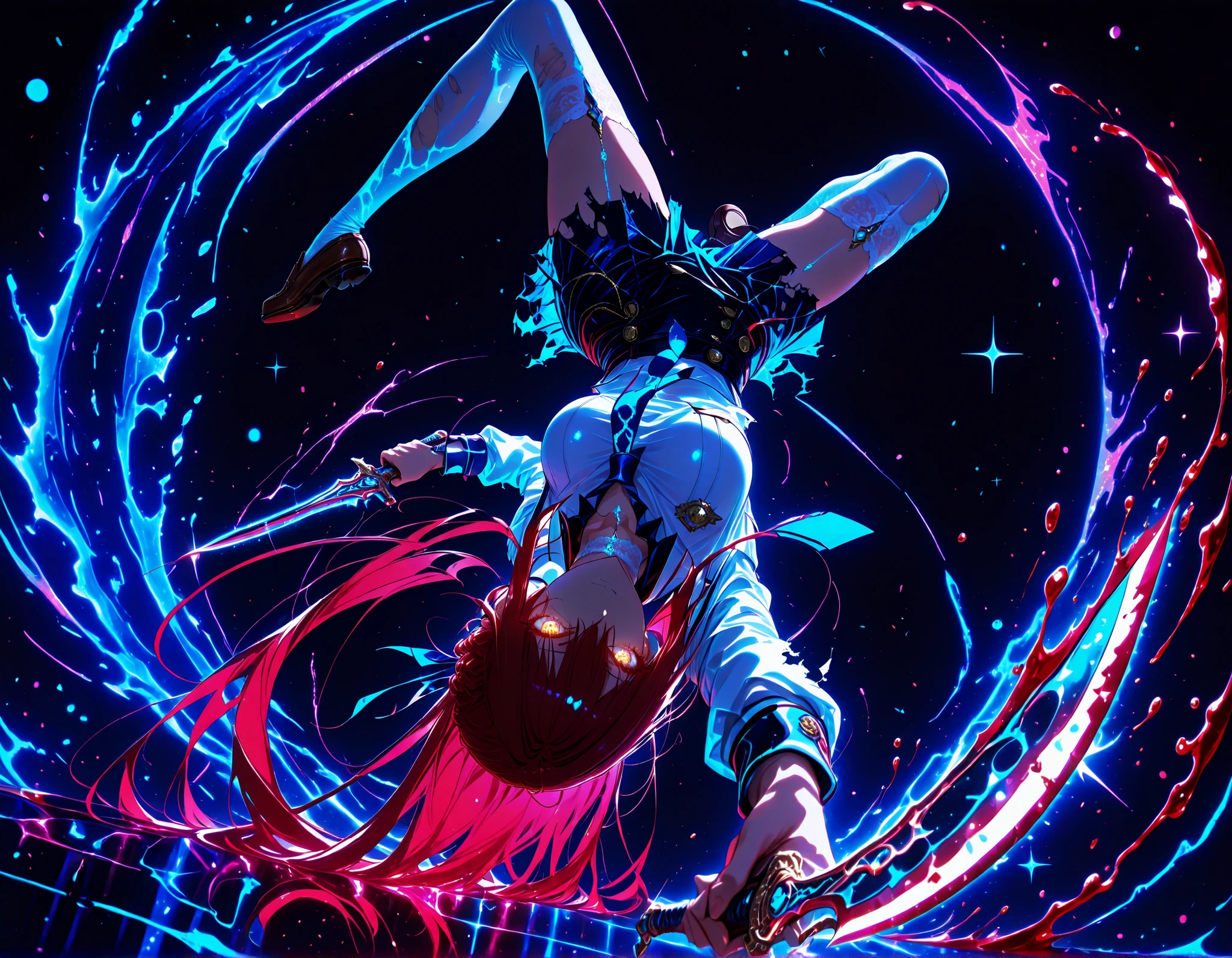 neon art, neon lineart, colorful neon lineart, neon silhouette, silhouette, neon colors, glowing, glow effect, bright outlines, vibrant colors, high contrast, dark background, digital art, extreme perspective、upside-down, backflip、Whole body expression, 1 girl , golden eyes , very long hair , long sidelocks, red hair ,half updo, petite , very cute , beautiful ,Straight hair, cool, handsome, hair between eyes, sexy, medium breasts , white lace choker, school uniform, neon trims, white shirt, marine blue necktie, marine skirt, intricate white thighhighs, brown loafers, torn clothes, scratch, solo, glowing eyes, looking at viewer, dynamic shot, dynamic view, dynamic pose, (holding dagger), crouching, foreshortening, bokeh, glittering, sparkling, blood splash, bloody, blood, blue theme, (((black background)))