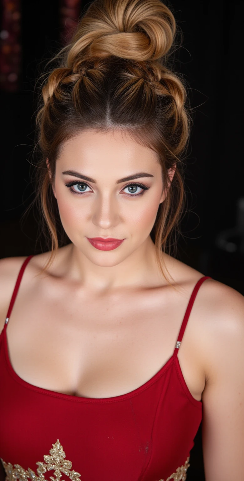 <lora:HJH:1> woman wearing a lingerie, brunette hair, amber eyes, long hair, hyper realistic, 4k, masterpiece, beautiful, facing the viewer, headshot, cleavage, dark lipstick, (((red))) lace bra