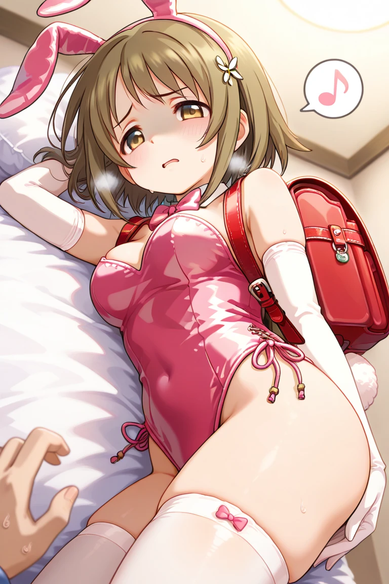 ((1girl)),((alone)),shizuka mikazuki, (zom 100),(masterpiece), (best quality), (ultra detailed), (best illustration), (best shadow), (absurdities), focus sharp, cowboy photo, atmospheric perspective, depth of field, dynamic posture facing viewer, medium breasts, narrow waist, wide hips, wide thighs, round butt, erotic, romantic, (highly detailed eyes, 1.1 lips), highly detailed eyes , eyes, Very detailed face, Very pretty face, Symmetrical face, Aesthetic face, perfect face, perfect eyes, detailed eyelashes: 1.5), full height, beautiful slender figure, femininity, expressive appearance, elastic medium breasts, sexuality, parted lips, short hair, purple hair, hair ornament, hairpin, (pink eyes: 1.5), swept bangs, neckline, collarbone, pink Playboy bunny outfit:1.4, wristbands:1.2, pink headband, pink fake bunny ears, black pantyhose ,pink heels, hand on hip, curves, defined body, perfect and beautiful body, perfect and beautiful, closed mouth, flirtatious expression, smile, blush, (sexy pose: 1.2), ((solo)), standing: 1.3, ((interior, apartment, bed, window, night, cityscape, city lights, buildings, moon)), looking ahead, ((focus on thighs)), point of view: (from below), perfect anatomy , perfect hands