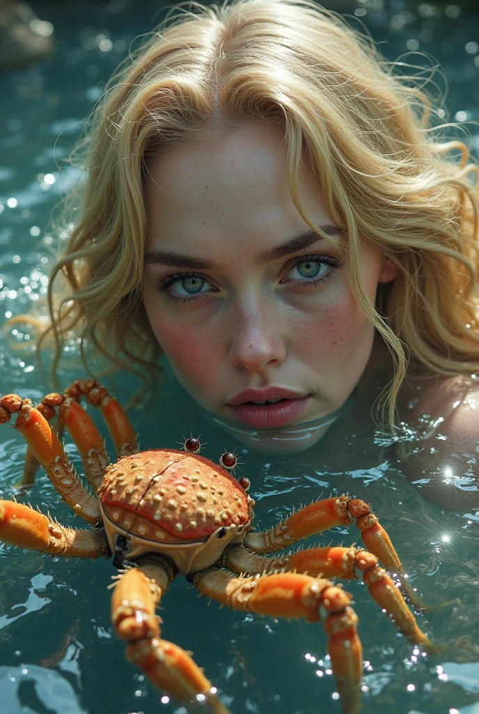 nsfw, young girl with wet evening dress is lying in the ocean shore in the waves, crabs and snails shattered around her
