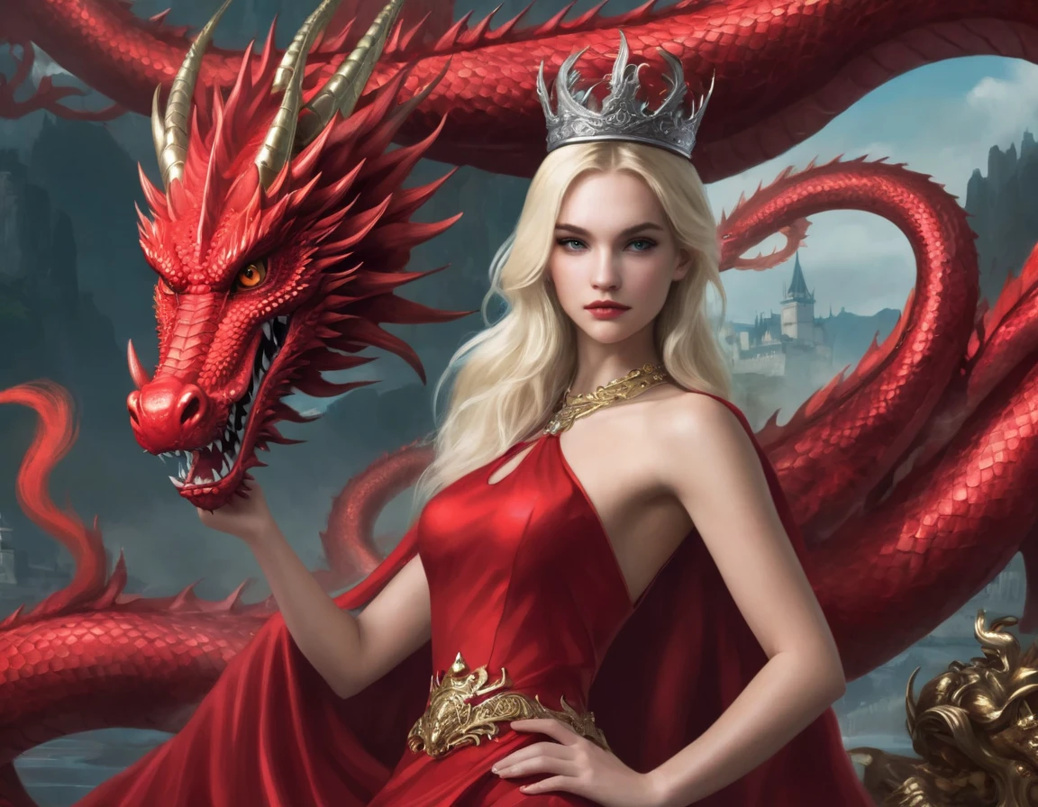 Blonde Snow White rides on the dragon. A gorgeous 25-year-old Disney princess, Snow White picks up a sword and armor and fights the dragon wearing a crown in the forest with many cute animals near her., Many flowers of various colors. A sunny day. with a river and a fairytale castle in the background. Walt Disney cartoon style masterpiece style, various angles looking at the camera, big orange and red roses, 3, cute animals, very scared, seeing something scary approaching. Detail of the angle, on his terrified face. In the background, behind snow white Appears a huge frightening dragon: epic photograph:1.3) (in the smoke with steaming embers (embers:1.2) shining in his nostrils and low flames shining in his mouth, (detailed bright eyes:1.1) with haunting look (HyperSmoke:0.4) (Unddep_768:0.4). Snow White fights the dragonO. It's autumn, there's no snow.