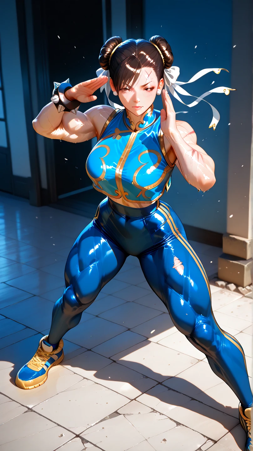 woman in her 20s, chunlims, (perfect face), defined jawline, beautiful brown eyes, beautiful lips, (short brown hair, hair bun, double bun), (perfect anatomy), (athletic body), (sexy), (thick thighs), (perfect hands), (blue cheongsam), tight blue track pants, spiky bracelets, looking at viewer, (medium full shot photograph), (fighting arena background), realistic