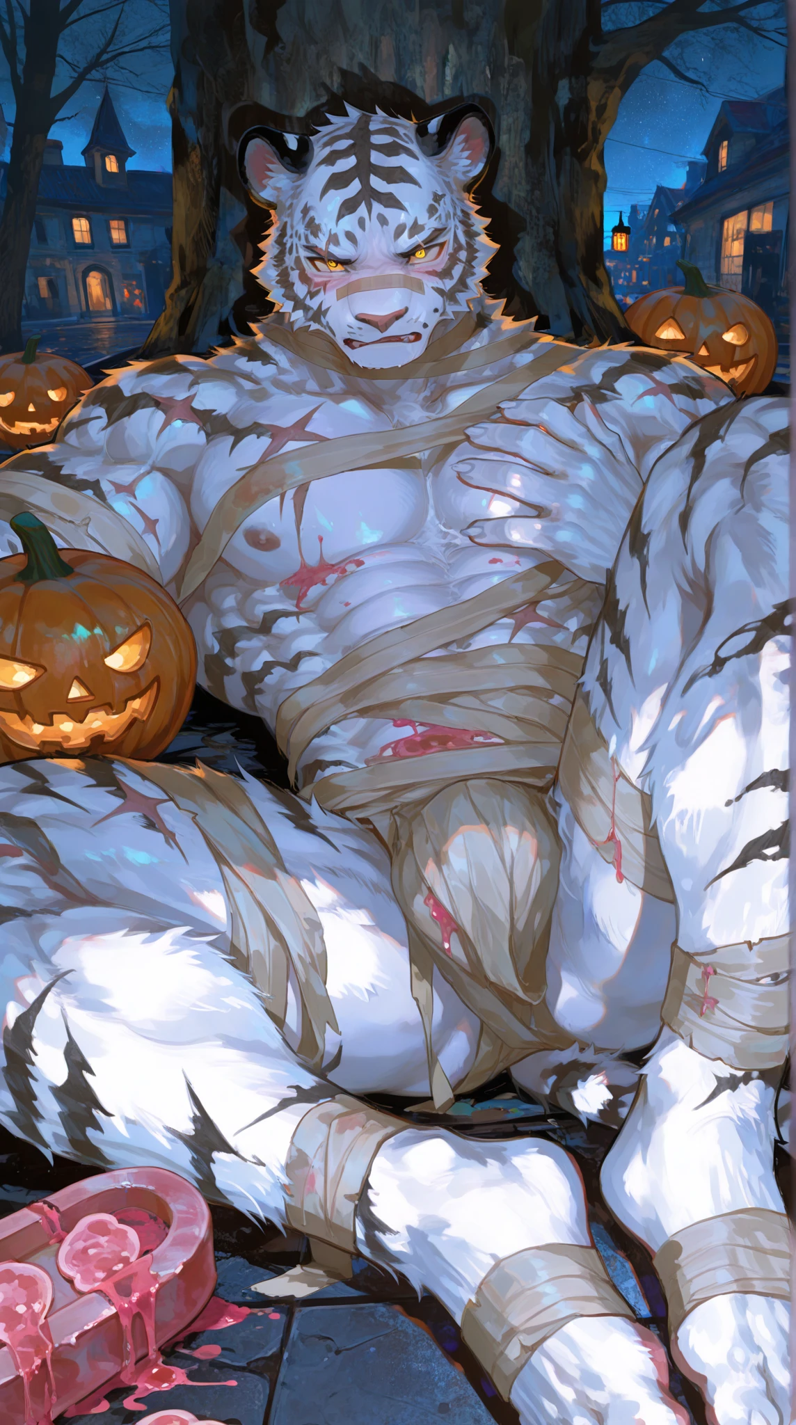 Shirou Ogami, 1boy balls bara barazoku clothing cum cum drip cum dripping from fucking pumpkin gay genital fluids jack o' lantern jack-o'-lantern male male focus male only manly masturbation muscular male orgasm pumpkin pumpkin masturbation solo solo male yaoi