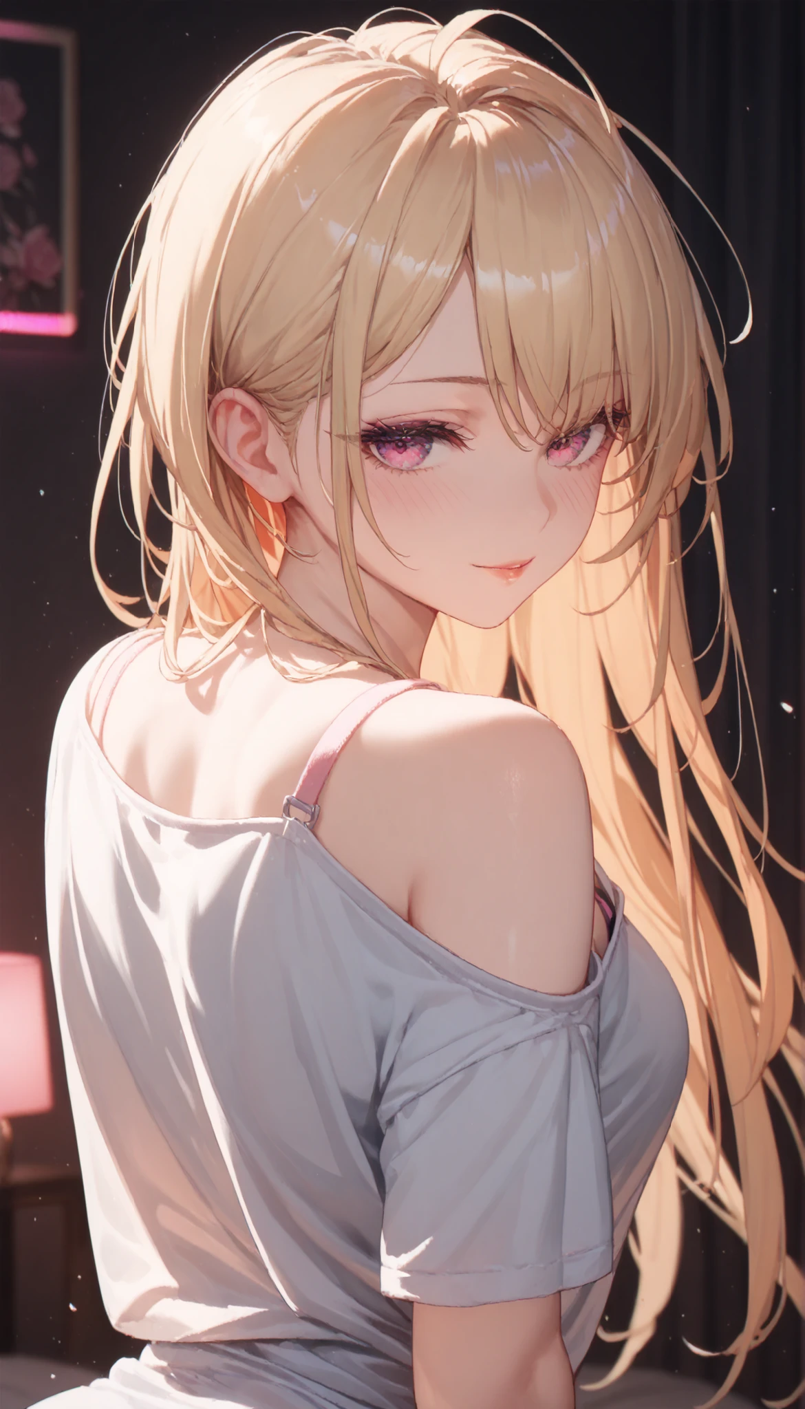 High resolution, Light blush, Simple Background, Background blur, Anime Style, Round eyes, Character design drawings, Long Hair, Gaze, Blonde, Pink eyes, Rear facing top quality, 
