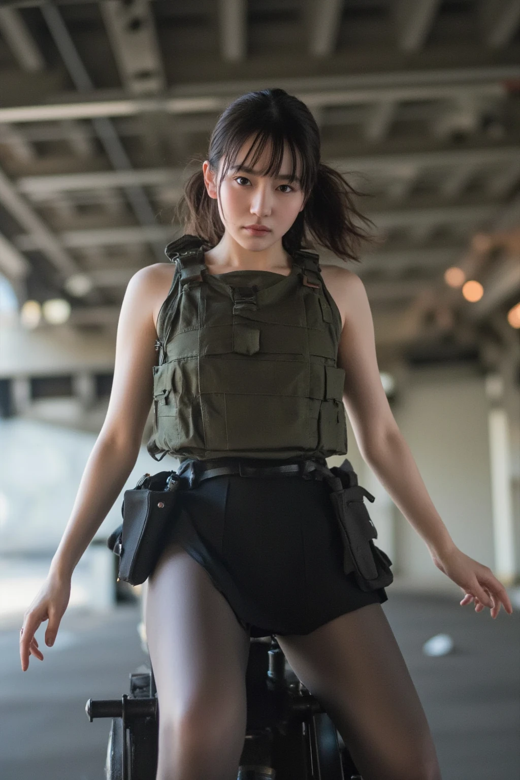 Female soldier fighting in a war-torn city,Heavy breathing,Sweaty,running,