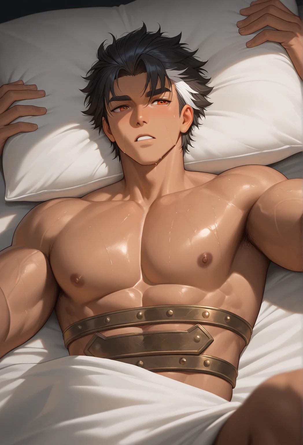 1  boy, detailed boy, muscular boy, brown hair, blue eyes, twink, small waist, big arms, chiseled abs, big voluptuous chest, body wrapped in beautiful flower vines, see-through clothes, floral scene, sunset beautiful floral field, high quality, detailed, 3d, vines wrap around legs arms and body, flower in ear, flower on crotch