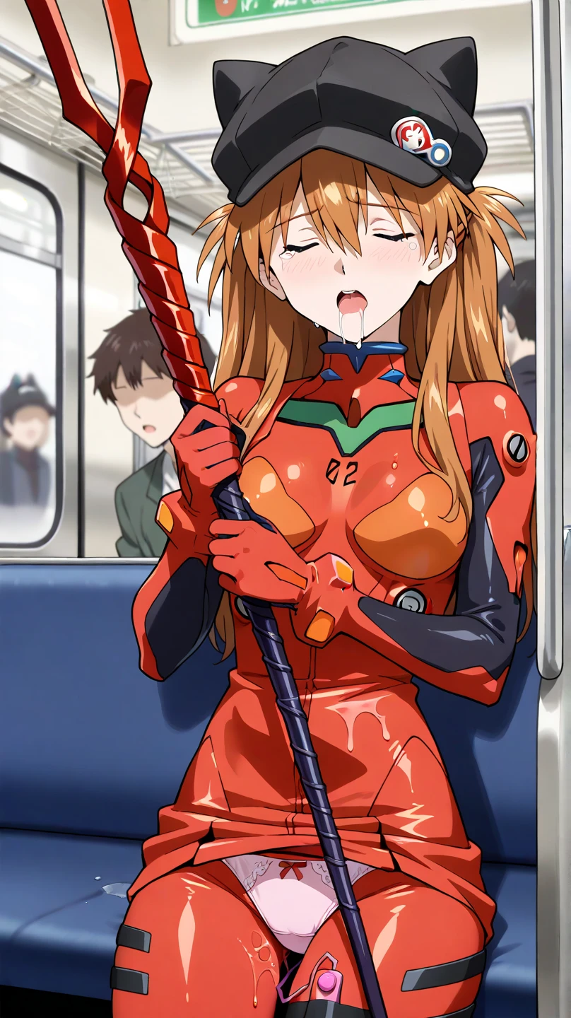 (masterpiece:1.2, Highest quality), Actual, (live-action, Intricate details, Depth of written boundary), 一个穿着black乳膠連體緊身衣褲的女人的特写, Blonde wavy long hair, Green Eyes, 40-year-old woman, Adult, whole body! Asuka suit, Tsuko Kudo wearing a latex suit, Asuka suit under clothes!, Asuka, Special, black, 緊身black皮甲, beautiful Asuka from evangelion, black緊身皮甲, Asuka from evangelion, Spandex Suit, V ????? Clothes, clavicle, Cleavage, ???????????, big , Biggest ??????, ????????????, Fake ???????, Thin waist and thick ????, Hourglass Shape, only, Wide pelvis, Pelvis bigr than shoulder blades, Fitness Model, Rosy Cheeks, Sweat, Standing on a crowded train, Many men surround her, the men stared at her, night