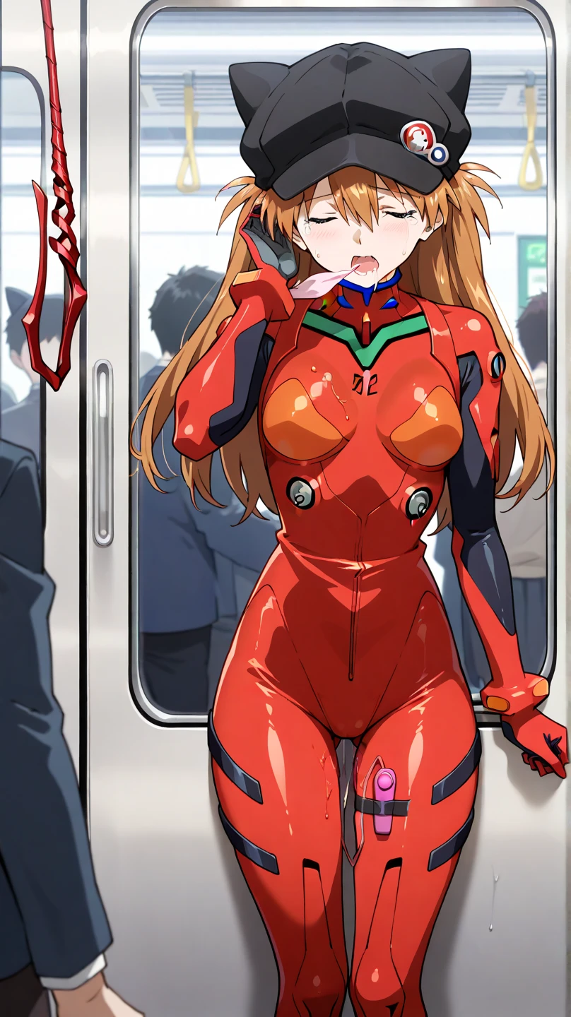(masterpiece:1.2, Highest quality), Actual, (live-action, Intricate details, Depth of written boundary), 一个穿着black乳膠連體緊身衣褲的女人的特写, Blonde wavy long hair, Green Eyes, 40-year-old woman, Adult, whole body! Asuka suit, Tsuko Kudo wearing a latex suit, Asuka suit under clothes!, Asuka, Special, black, 緊身black皮甲, beautiful Asuka from evangelion, black緊身皮甲, Asuka from evangelion, Spandex Suit, V Chest Clothes, clavicle, Cleavage, big breasts, big , Biggest Breast, Huge breasts, Fake breasts, Thin waist and thick hips, Hourglass Shape, only, Wide pelvis, Pelvis bigr than shoulder blades, Fitness Model, Rosy Cheeks, Sweat, Standing on a crowded train, Many men surround her, the men stared at her, night