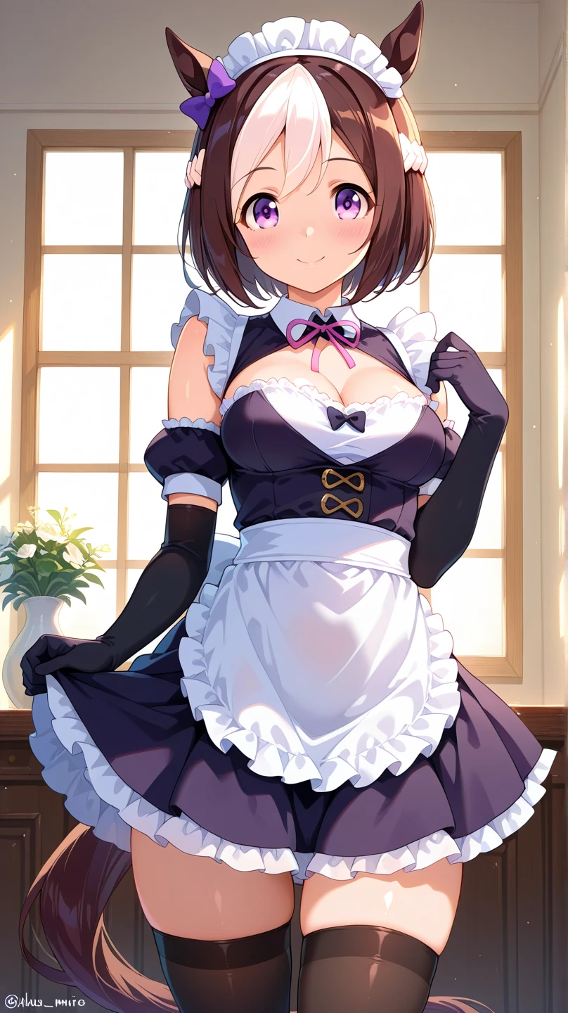 ((Correct Anatomy)),Highest quality, High resolution, (Maid),(mini skirt),(Beautiful legs),(Black knee high sock),Intense , blush, Embarrassing, smile,The whole body is sweating,Big Breasts,ck Pantyhose)