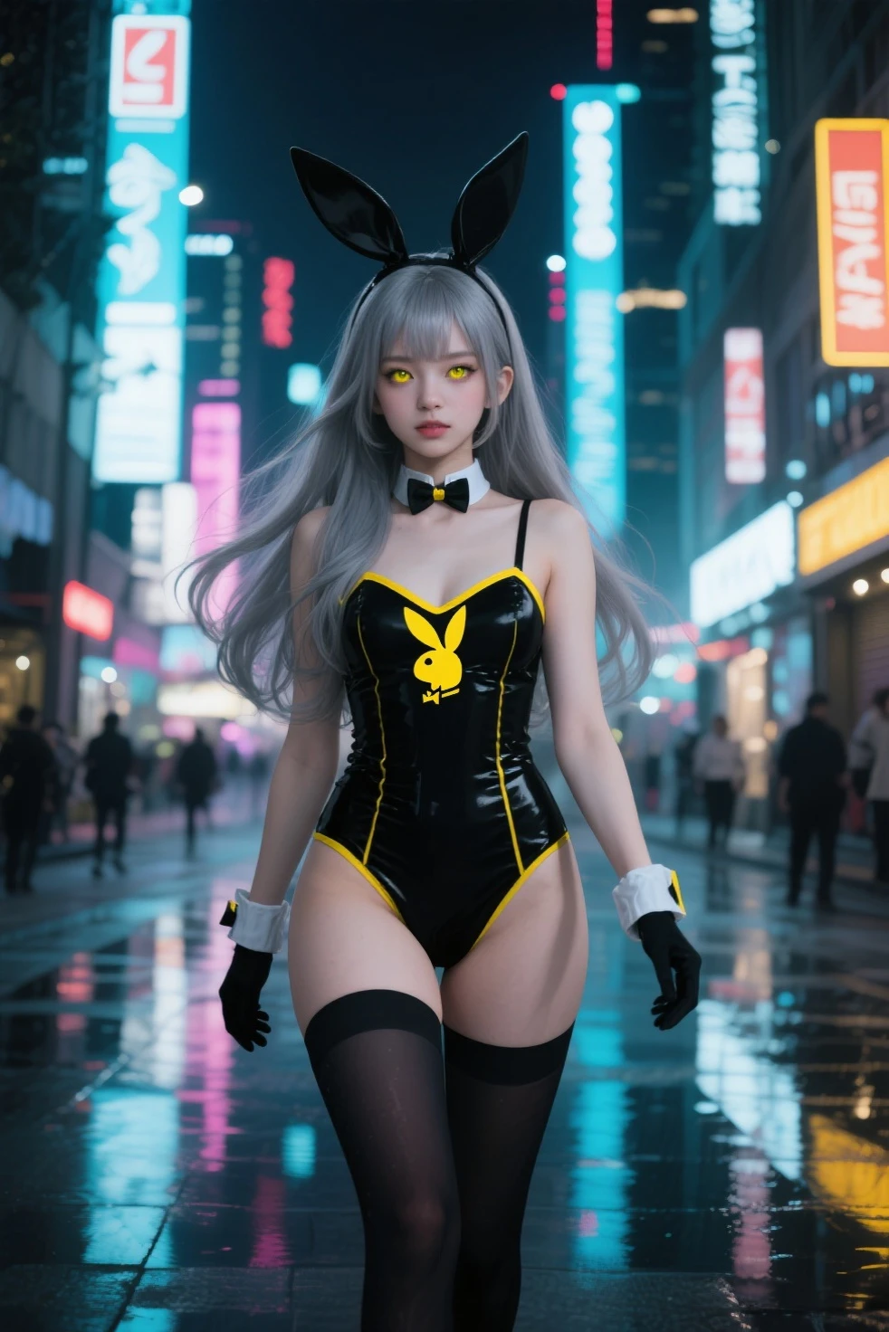 anime character Bunny ears付き and a black bodysuit standing in a city street, Bunny girl, サイバネティックなBunny earsを着けている, Playboy Bunny, Bunny ears付き, Bunny Punk, with big Bunny ears, Bunny Suit, Lola Bunny fan art, with long floppy Bunny ears, Kagamine Rin, Bunny ears, Playboy Style, thug_character, wearing a Bunny Suit