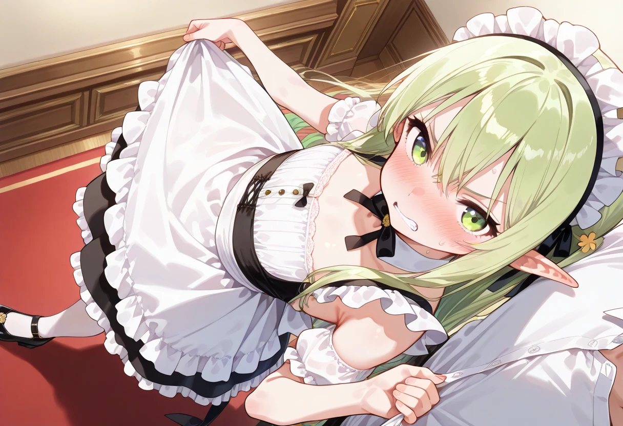 nsfw,((One man and one woman,Having sex)),Lying down,Small breasts,Bare Breasts,hair ribbon green hairband ,pointy ears,yellow bow green dress bare shoulders detached sleeves clothing cutout skirt green gloves,アヘ顔,キス,長い舌