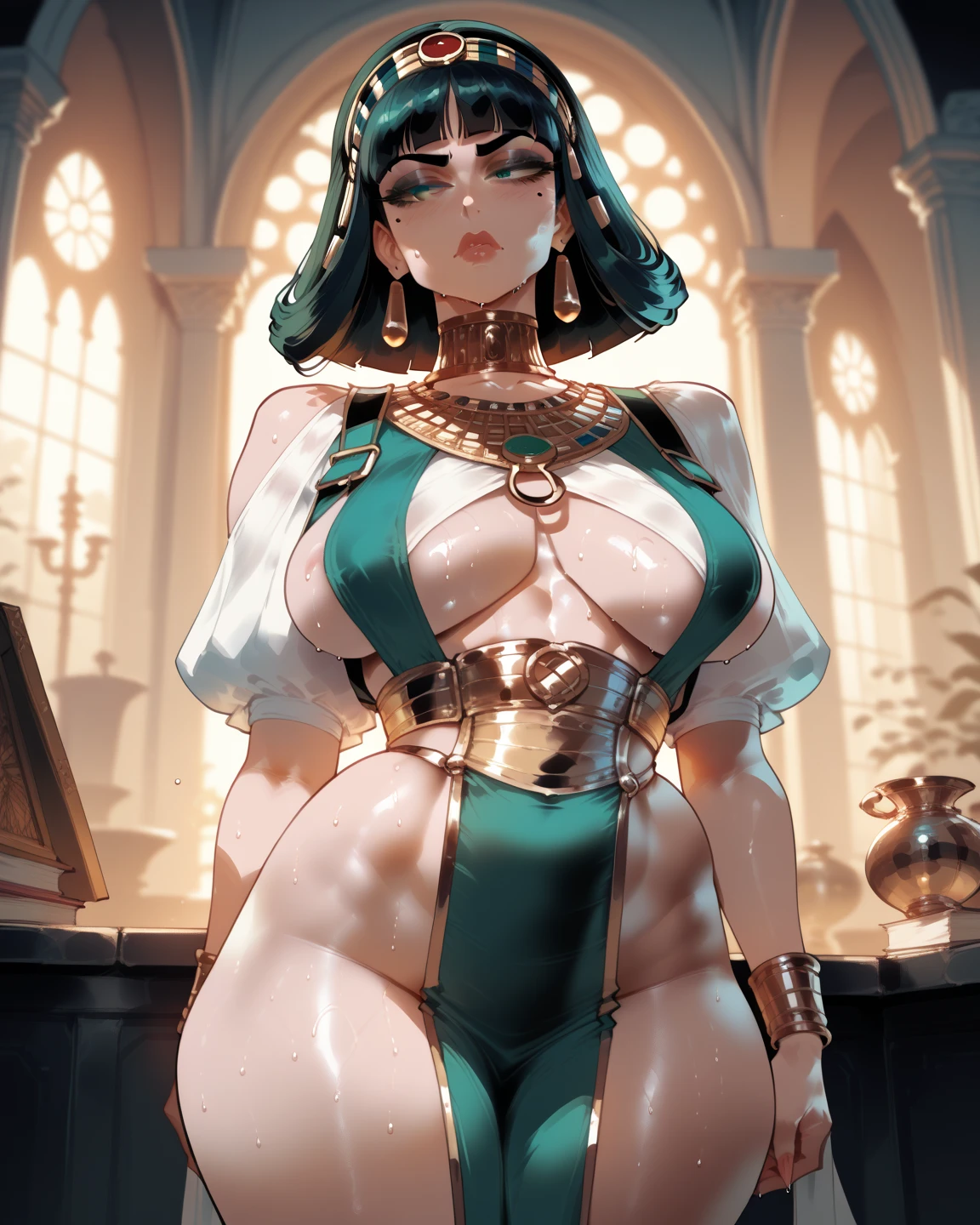 1 girl, wide hips, thick thighs, stockings, (black eyeliner), DonM0m3g4, violet eyes, short hair, black hair, ((hair over one eye)), blunted bands, gloves, large breasts, sepia, eye shadow, garter straps, upper body, dark lighting, standing, mdriff, egyptian, (sash), ((Runny Kohl)), runny eyeliner, (Egyptian Nemes), black eyeliner, black makeup, , detached sleeves, black lipstick, deadpan expression, blushing, egyptian princess, hair ornaments, ((dark skin)), short frilly skirt, tank top, goth girl, inside a house, housewife