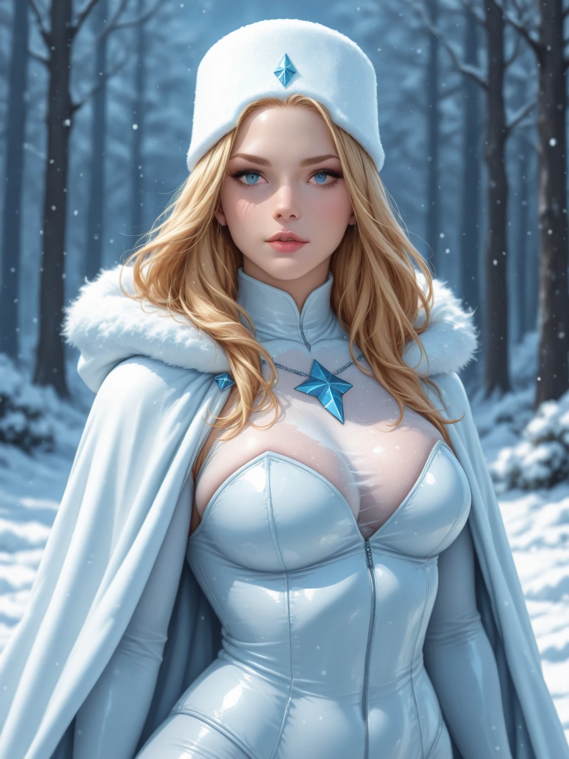 masterpiece, best quality, crystal maiden, 1girl, young, upper body, portrait, illustration, blue eyes, (areola slip:1.3, ) blue hooded cloak, sexy, long blonde hair, medium breasts, cleavage, winter, ((night:1.5, night sky, stars)) forest, bare neck, looking at viewer, serious, strong look, narrow waist, standing, <lora:CrystalMaidenv0.2:0.5> <lora:3DMM_V12:0.5>