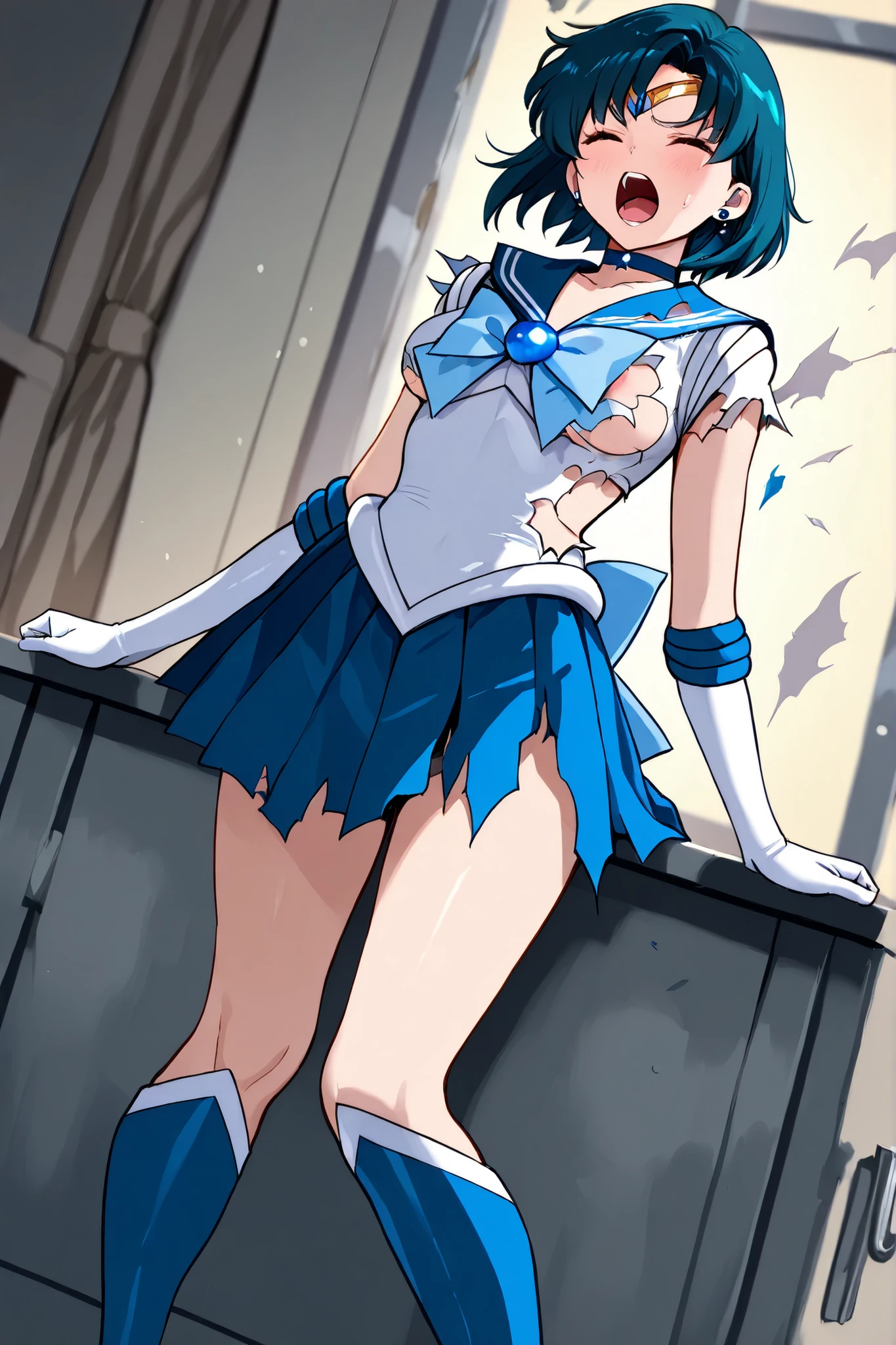 ​masterpiece, top-quality, hight resolution, 8K, Hi-Res, ultra-detailliert, 1girl in, (Anatomically correct), Full limbs, complete fingers, Slender 18 year old beautiful active girl, Brown-eyed, Slender eyes, A dark-haired, extra very short hair, (Black skin:1.2), (Sailor Moon: 1.3), (white  leotard),  (Blue sailor color), the bow, (Over-the-knee boots:1.1), a choker, (white glove), Blue choker, (elbowgloves), (a blue skirt), sole、爆乳, Solo, (Curve:1.1), looking down to viewer, Smile on his face, ((From below:1.5)) Looks Back, ((Leaning forward)), seen from back, , lip stick, makeup, Ultra Detail Hair, ultra detail face, (Purple eyes:1.05), Perfect eyes, Perfect face, earrings, (Confused, blush:1.2), , (black thighhighs, Garter Belt:1.1), zettai ryouiki, , high-heels, (Large breasts:1.1), cleavage, Big ass, thighs thighs thighs thighs, Show panties, ((From the hem of the rolled up skirt to the crotch))