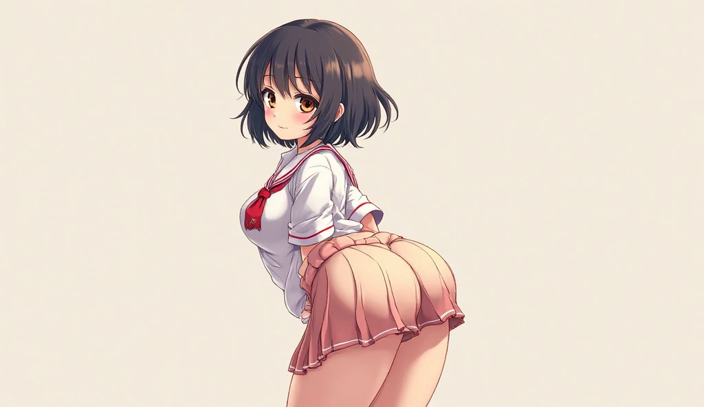 ((best quality)), ((masterpiece)), (detailed), perfect face of a Japanese anime girl, short back or bodhaircut, dark brown eyes, a Sakura hairclip on her hair, sailor uniform, pear body type, big butt, cup d breast