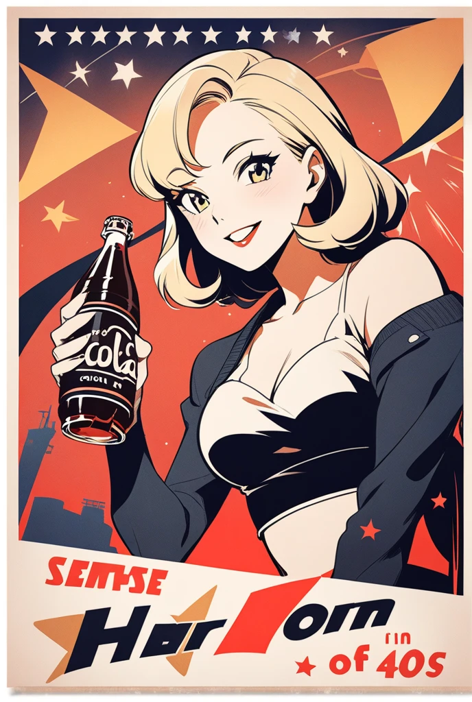 (vintage),(Retro),(Cartel), coca cola advertising with perfect girl, clothing oversized blue jeans and white t-shirt with open waist(sexy), military environment, Masterpiece, comics (tokyo city) (1990) night atmosphere, with city lighting