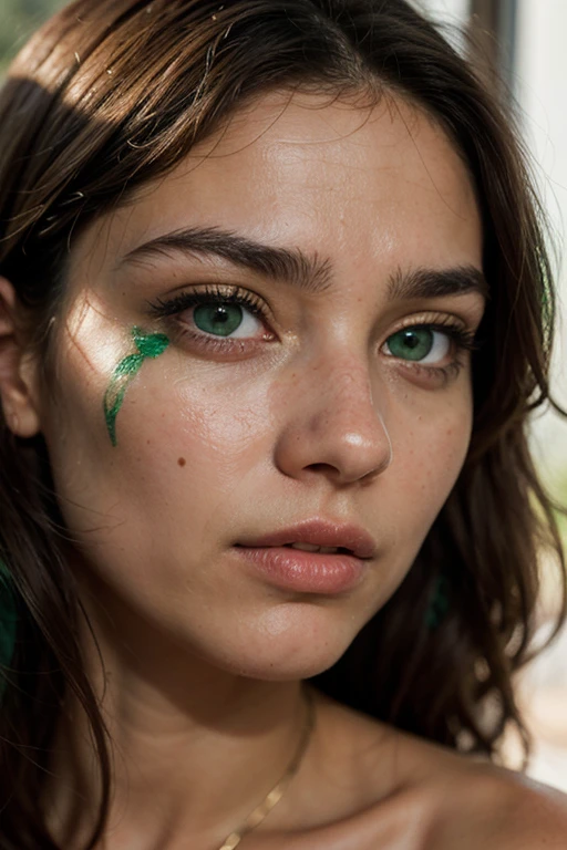 Realistic features, tattoos, beautiful, amazing green eyes