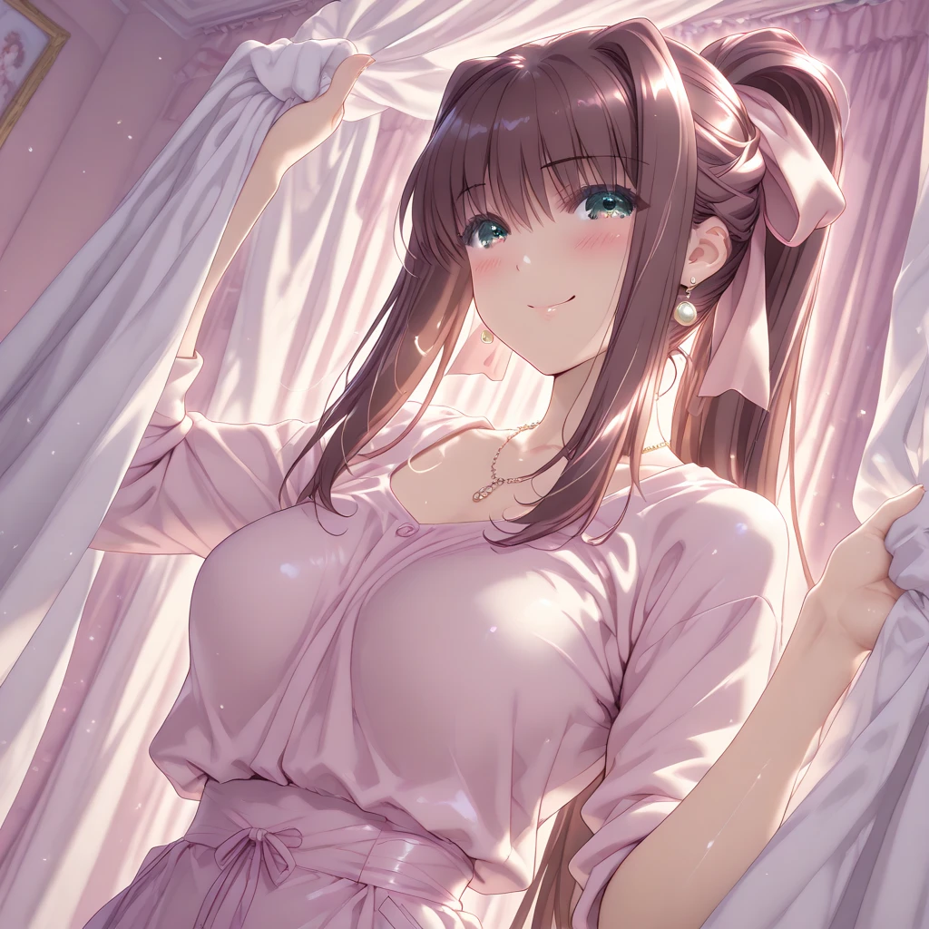 ((masterpiece, best quality, photorealistic, cinematic), ((voluptuous anime girl)), perfect anatomy, expressive eyes, perfect face, perfect hands, ((large cleavage)), long round legs, round ass, (((anime girl sleeps serenely))), (((wears a form-fitting see-through pink and sleeveless kimono-style blouse, tied with a dark red obi around her waist and pink shorts))), ((natural brown-hair, loose waves with a side part hairstyle)), seductive anime girl, Ayaka Genshin Impact, extremely detailed artgerm, from girls frontline, range murata and artgerm, xianxia, style artgerm, beautiful alluring anime woman, thicc, guweiz on artstation pixiv, ((nude)), ((medium shot, face down:1.5)), from side view