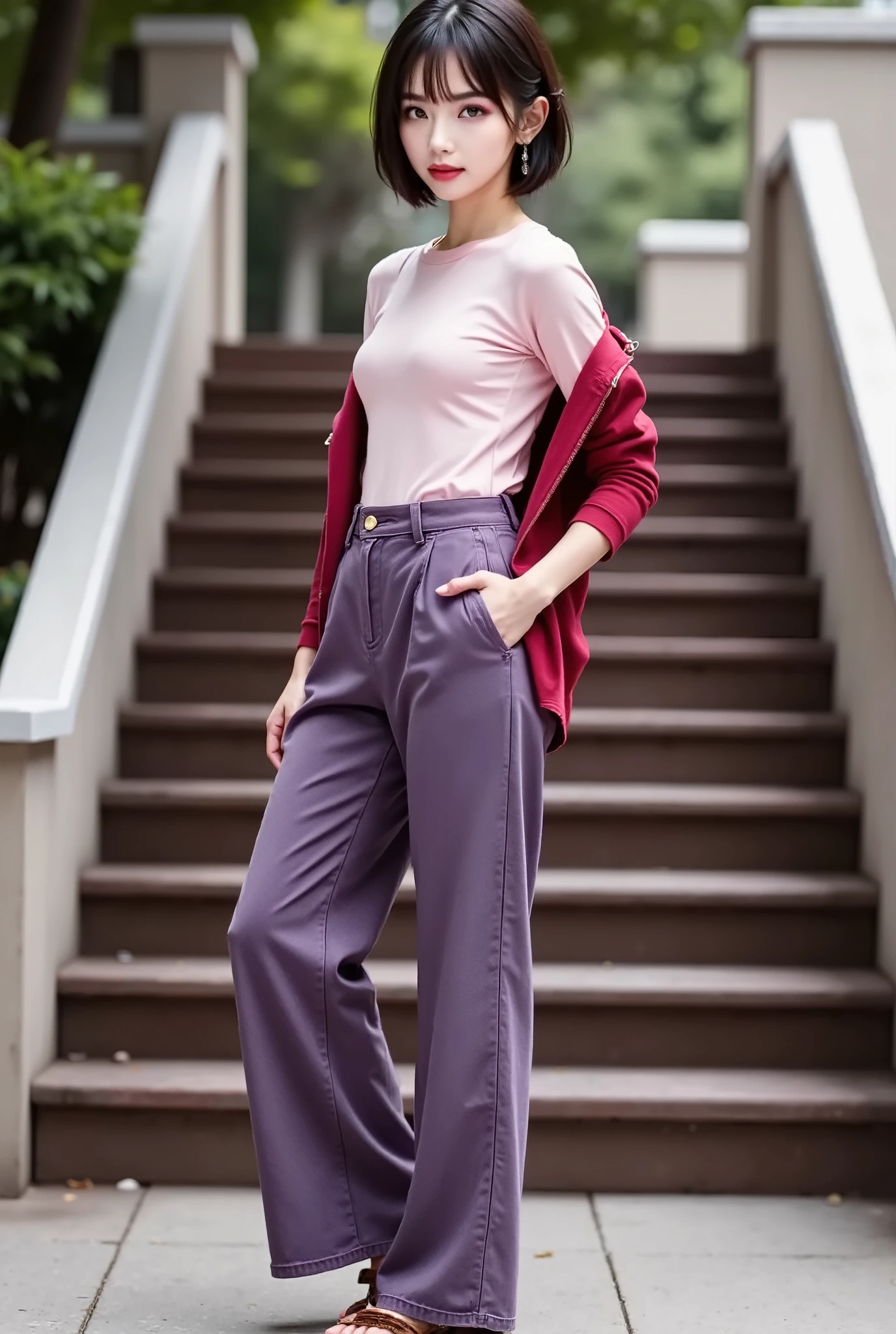 (Full Body 1.5), underpants:Deep purple、 denim 、wide, Tees:light pink、Half sleeve , shirt:numb、long sleeve、red 、put on、, In front of the stairs, short hair, long slant near the stairs, Foxy face
