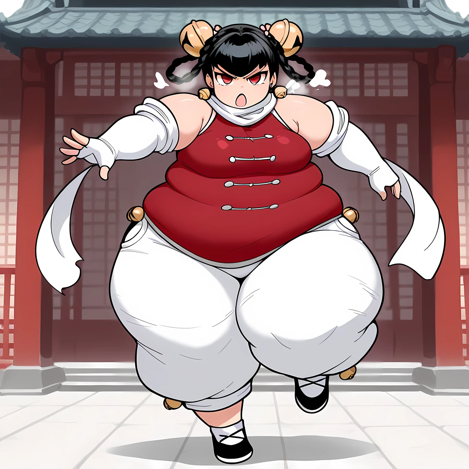 masterpiece, best quality, 1girl, solo, opmll, black hair, short hair, hair rings, twin braids, red eyes, hair bell, earrings, white scarf, red shirt, sleeveless shirt, detached sleeves, elbow gloves, fingerless gloves, white pants, baggy pants, medium breasts, black shoes, full body, standing on one leg, fighting stance, open mouth, serious, looking at viewer, east asian architecture, kick fat, chubby, obese, gigantic arms and legs, large breasts open mouth, out of breath