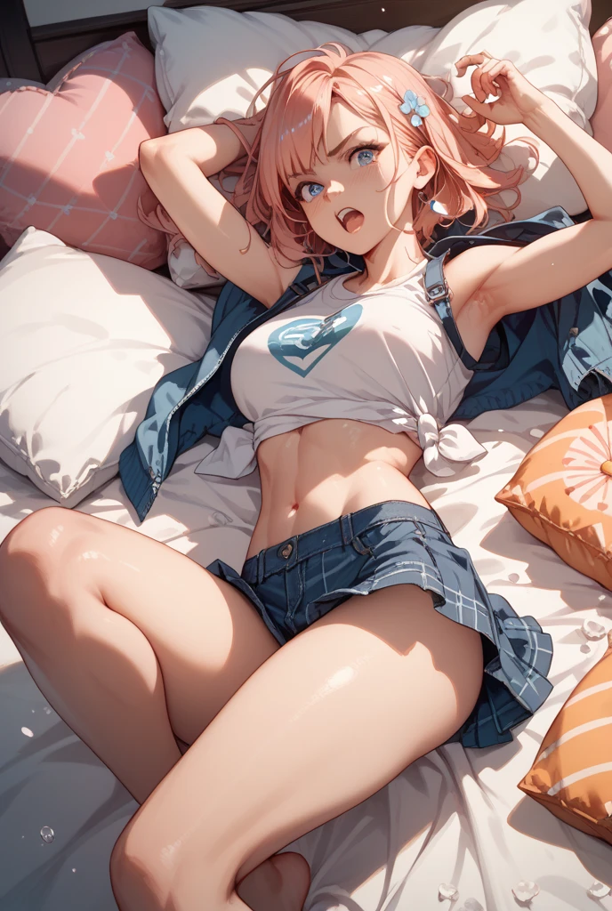 High resolution, woman , good lighting, despicable, , (No nudity), (((loose jean shorts))), ((sports bra)), (((leather thigh high boots))), (garter belt), abdomen only, (wet shorts),  ,  cute face, I&#39;Iは恥ずかしくて赤面します, humiliating, ((spread your legs)), (())