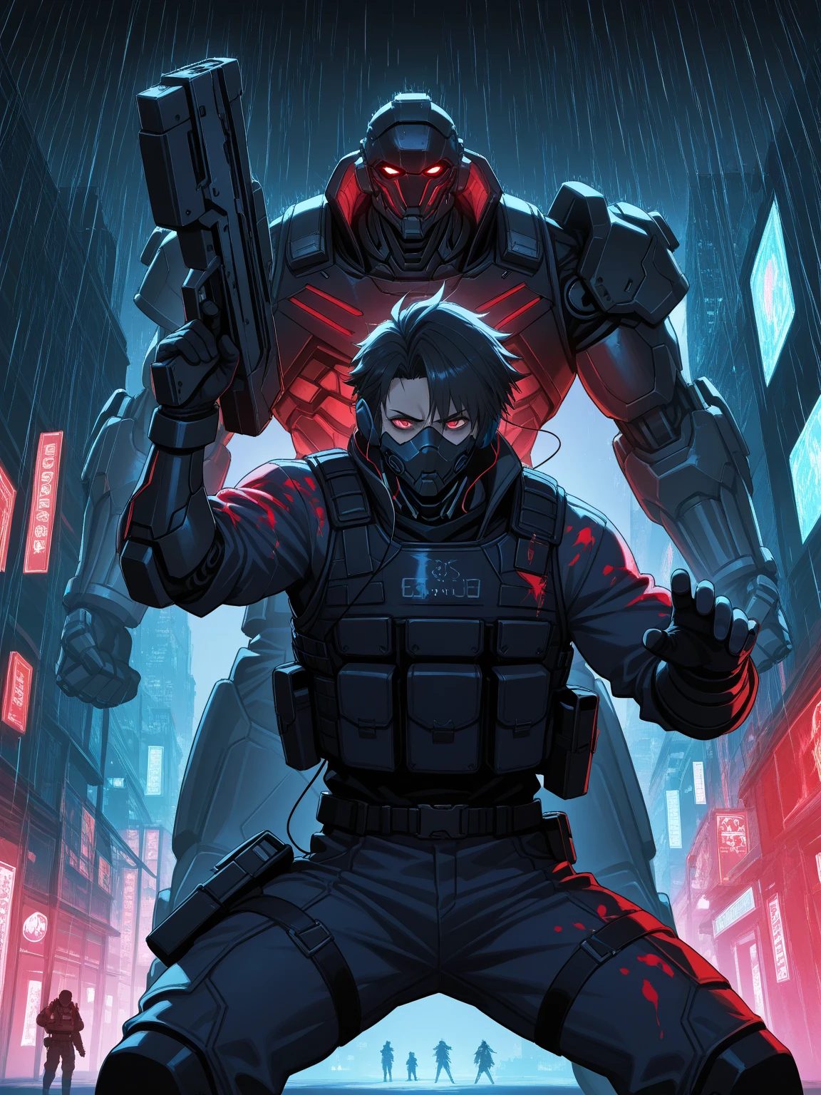 {dark fantasy illustration}, {{muscular man}}, {{1man}}, {{faceless}}, {{alone}}, {{{masterpiece}}}, {{{best quality}}}, {{ultra-detailed}}, high quality, 8K Ultra HD, score_9, score_8_up, score_7_up, black shading, black short hair, glowing red eyes, slightly messy hair, stance pose, tactical gear, tactical vest, robotic gloves, black robotic mask, earphones, stance, holding a large plasma cannon, windy night, hair blowing softly, cold and dimly lit cyberpunk city at night, ambient blue and red side lighting, subtle wind movement, bloodstains on clothes, {{side perspective}}, {{medium shot}}, {{Cyberpunk vibe}}, dark atmosphere, rough lighting, dramatic lighting