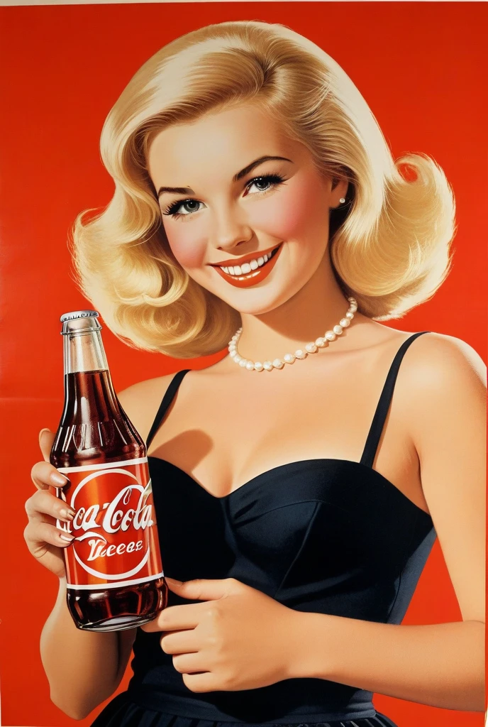 - Coca-Cola logo on a red background.
- A large female face is depicted in the center.
- The woman's face has an attractive expression and her blonde wavy hair is a key feature.
- The woman is wearing a red dress with a large open bosom and a sexy outfit.
- The woman is holding a Coca-Cola bottle in her hand
- Overall, the image has the feel of an advertising poster with a retro, pop design.