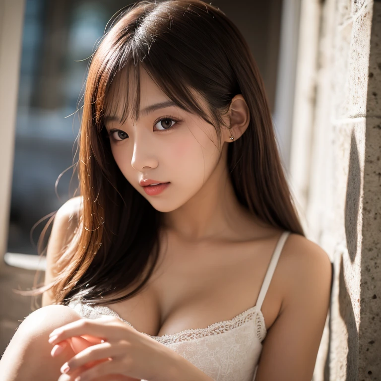 japanes,1girl in,kawaii,Gentle face,Healing system,Brown hair,is standing,Best Quality,Big breasts,Black Dress Figure,full bodyesbian,No chest,front facing
